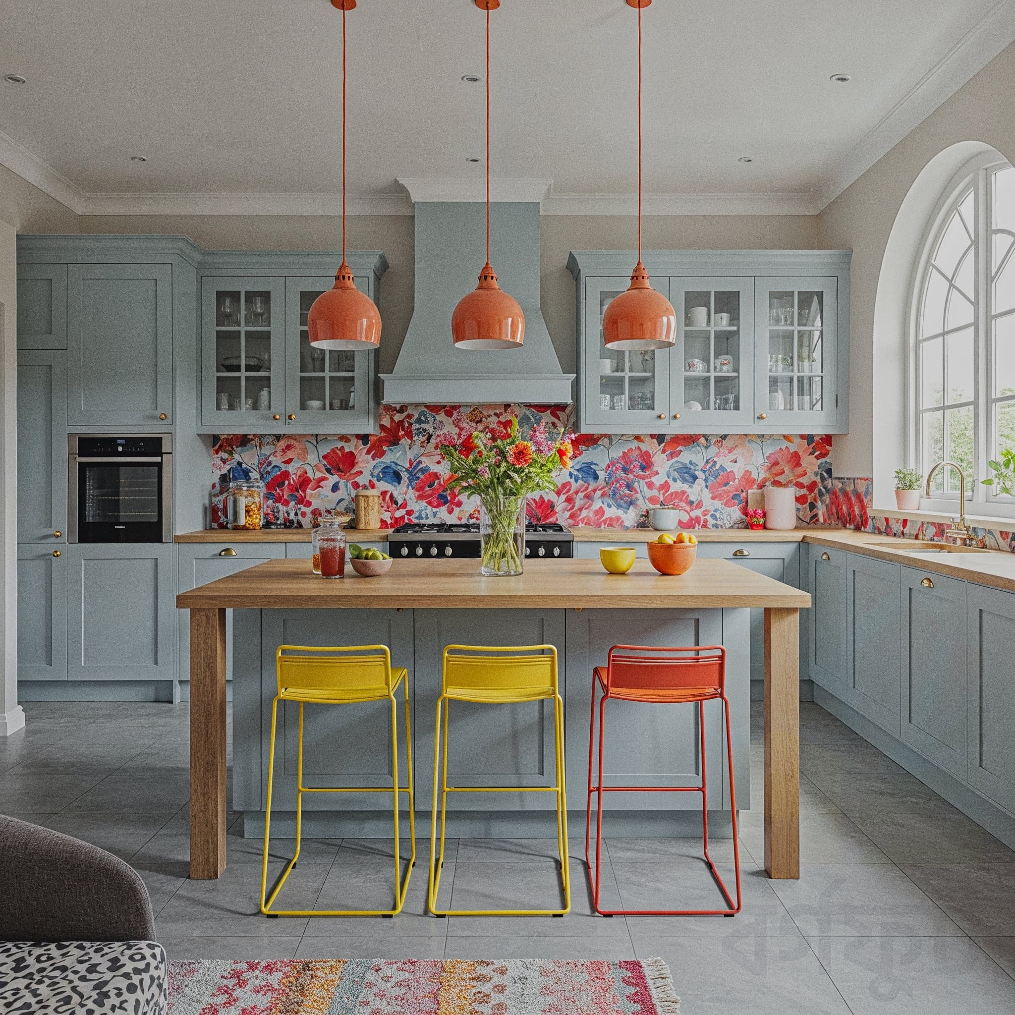 A cheerful kitchen with a Mediterranean Sunny design, featuring terracotta tiled floors, white cabinets with blue handles, and a wooden countertop with a bowl of olives. The room includes open shelves with ceramic plates and a small potted herb garden, a hanging lantern with warm light, and a small dining nook with blue and white cushions. Large windows with sheer curtains allow natural light to enhance the light wooden walls and yellow accent wall, creating a sunny and inviting cooking atmosphere.
