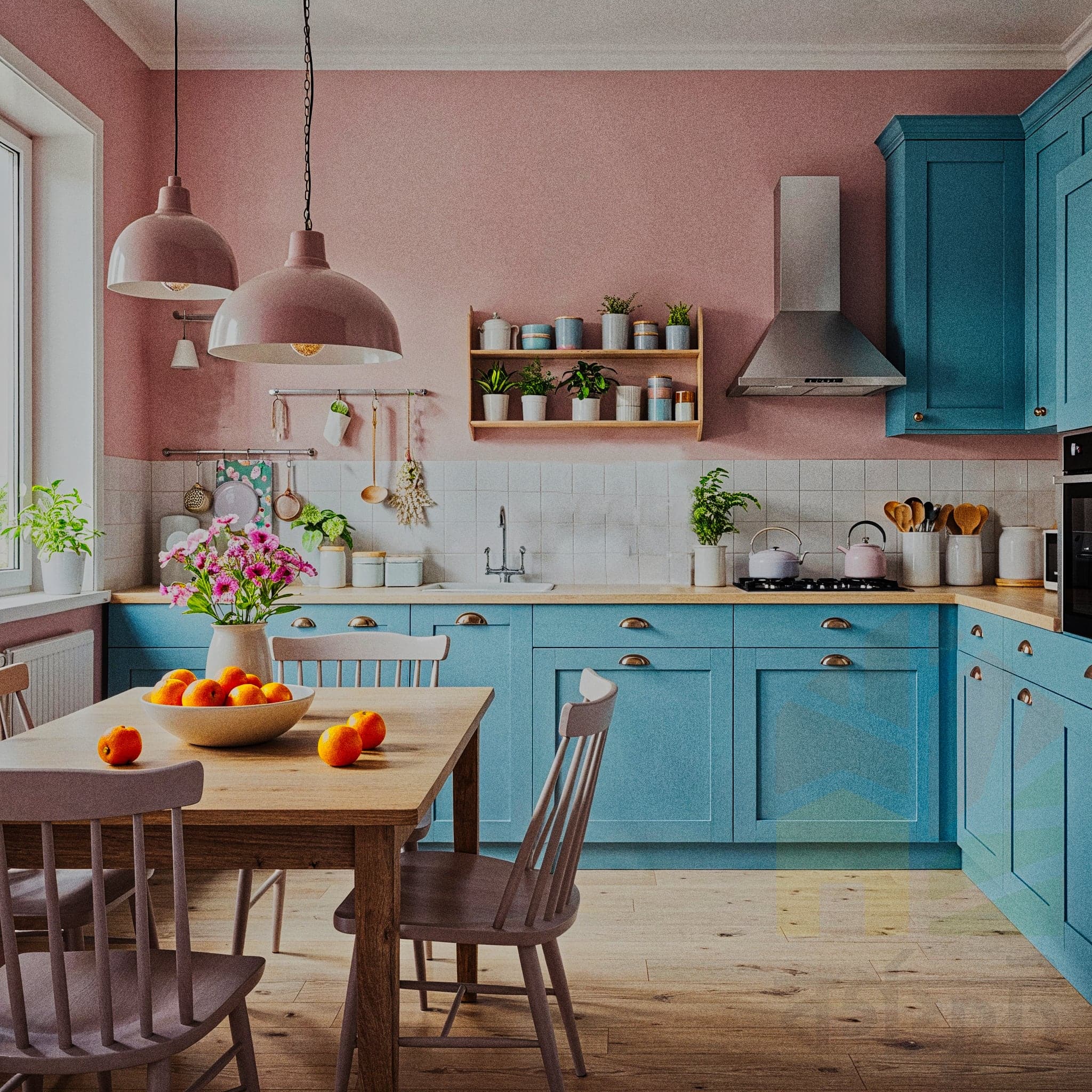 A tranquil kitchen with an Asian Serene design, featuring bamboo cabinets with black handles, a wooden countertop with a stone mortar and pestle, and a tiled backsplash with soft grey patterns. The room includes open shelves with ceramic bowls and a bonsai plant, a hanging paper lantern with warm light, and a small dining nook with tatami-inspired cushions. Large windows with sheer curtains allow natural light to enhance the light wooden floor and pale green walls, creating a calm and elegant cooking atmosphere.