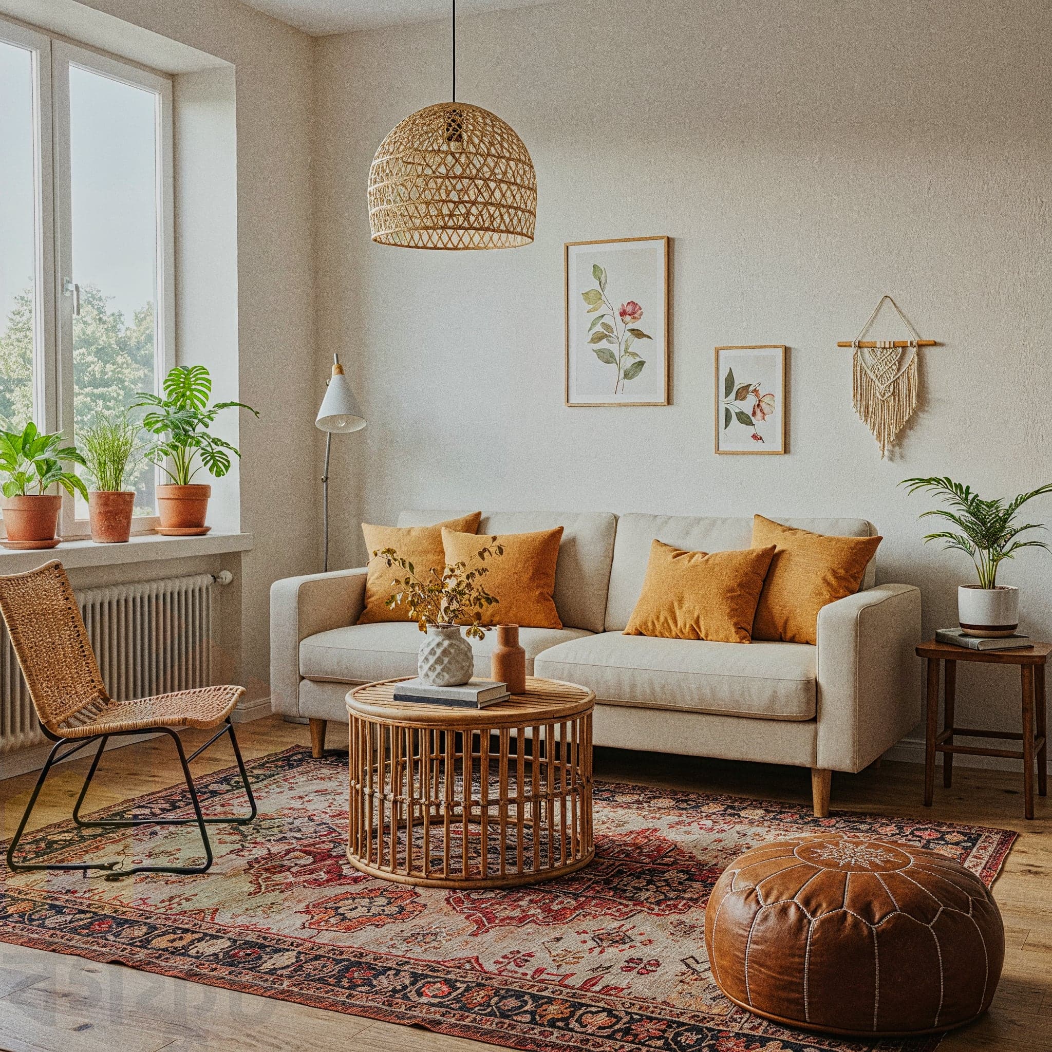 A sophisticated living room with a Classic Elegant design, featuring a velvet sofa with gold trim, a mahogany coffee table with a marble top, and a crystal chandelier. The room includes a wingback chair with a floral cushion, a large gilt-framed mirror, and a side table with a porcelain lamp. Large windows with heavy drapes allow soft light to enhance the dark wooden floor and cream walls, creating an elegant and luxurious atmosphere.