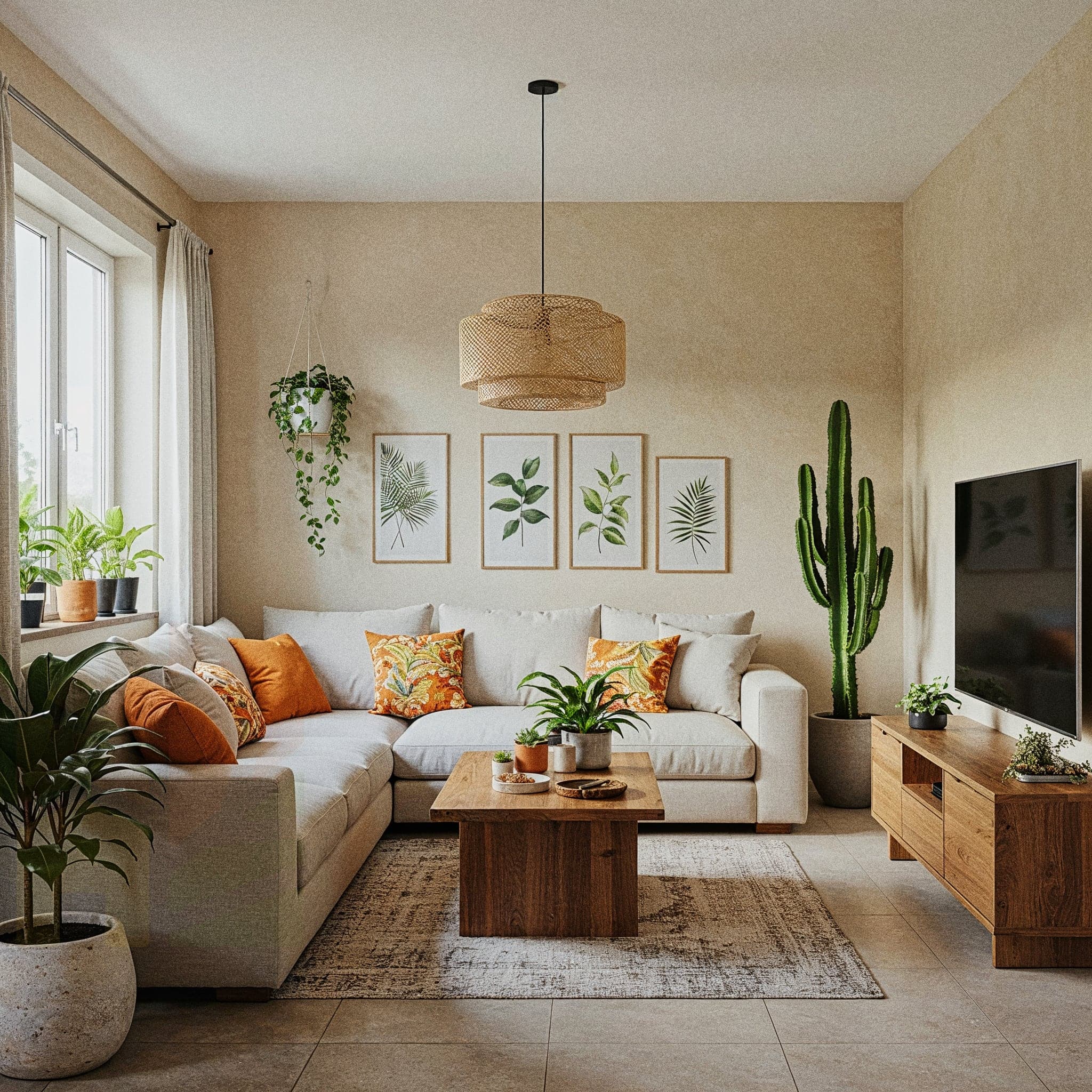 A bold living room with an Industrial Rugged design, featuring exposed brick walls, a leather sofa with metal legs, and a reclaimed wood coffee table with a metal frame. The room includes open metal shelving with books and industrial lamps, a hanging rack with Edison bulbs, and a dark grey armchair. Large windows with sheer curtains allow natural light to enhance the concrete floor and black accent wall, creating a rugged and functional atmosphere.