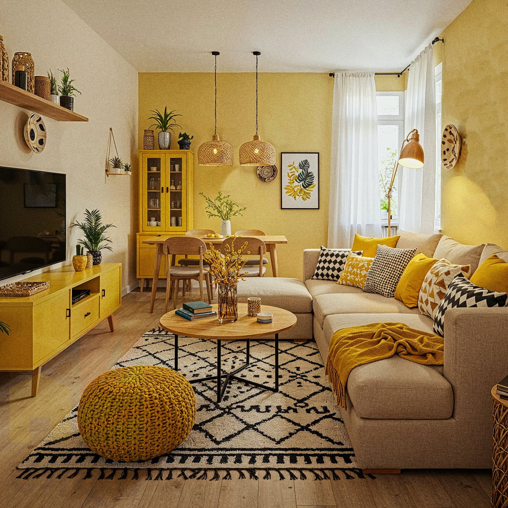 A lively living room with a Bohemian Vibrant design, featuring a colorful woven rug with geometric patterns, a low wooden coffee table with a brass tray, and plush floor cushions in rich reds and oranges. The room includes a macramé wall hanging, a vintage armchair with a patterned throw, and a hanging lantern with warm light. Large windows with sheer curtains allow natural light to enhance the dark wooden floor and mustard yellow walls, creating a vibrant and welcoming atmosphere.