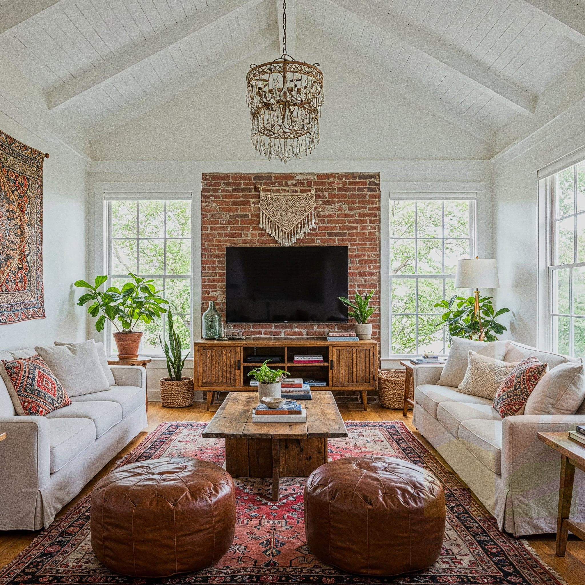 A serene living room with a Scandi Soft design, featuring a light wooden sofa with white cushions, a beige wool rug, and a low coffee table with a ceramic vase. The room includes a minimalist bookshelf with a few plants, a pendant light with a linen shade, and a cozy armchair in pale grey. Large windows with sheer curtains allow natural light to enhance the light wooden floor and white walls, creating a soft and peaceful atmosphere.