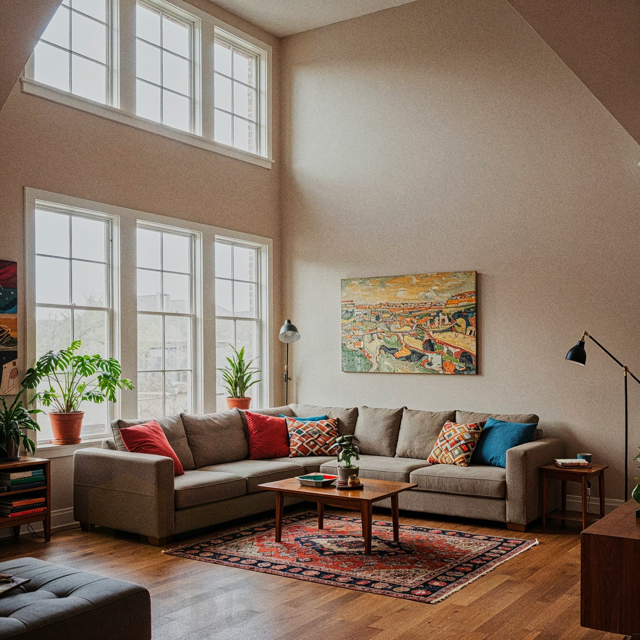 A dynamic living room with an Eclectic Funky design, featuring a velvet sofa in teal, a yellow armchair with a leopard print throw, and a mosaic-tiled coffee table. The room includes a wall with vinyl records as decor, a retro floor lamp with a colorful shade, and a bean bag chair in orange. Large windows with sheer curtains allow natural light to enhance the dark wooden floor and purple accent wall, creating a fun and quirky atmosphere.