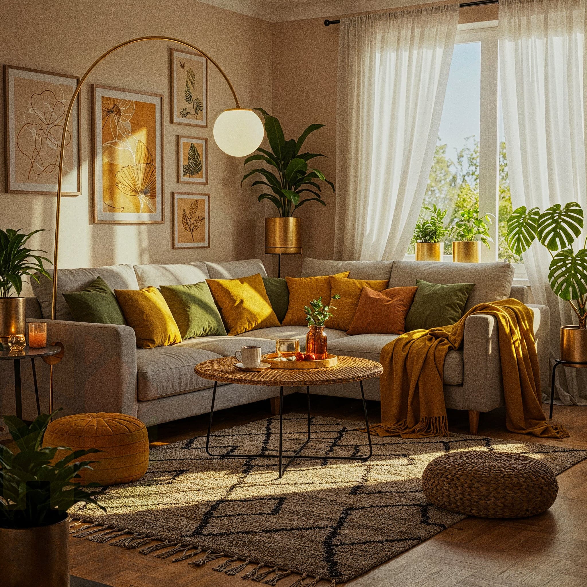 A cozy living room with a Rustic Warm design, featuring a reclaimed wood coffee table with a knit throw, a stone fireplace with a wooden mantel, and a plaid sofa with brown cushions. The room includes a woven rug with earthy tones, a hanging lantern with a wood frame, and a rocking chair with a sheepskin cover. Large windows with sheer curtains allow natural light to enhance the dark wooden floor and terracotta walls, creating a warm and inviting atmosphere.