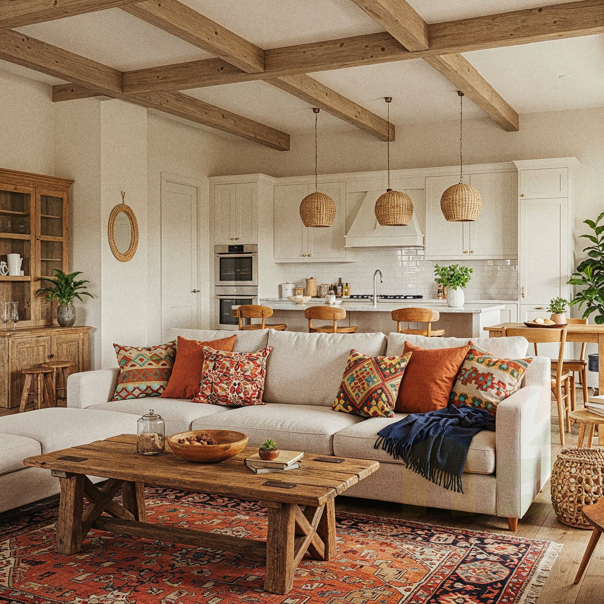 A calming living room with an Asian Tranquil design, featuring a low bamboo platform with cushions, a black lacquered coffee table with a tea set, and a shoji screen panel. The room includes a bonsai tree in a ceramic pot, a paper lantern with warm light, and a tatami mat with a small meditation cushion. Large windows with sheer curtains allow natural light to enhance the light wooden floor and sage green walls, creating a tranquil and balanced atmosphere.