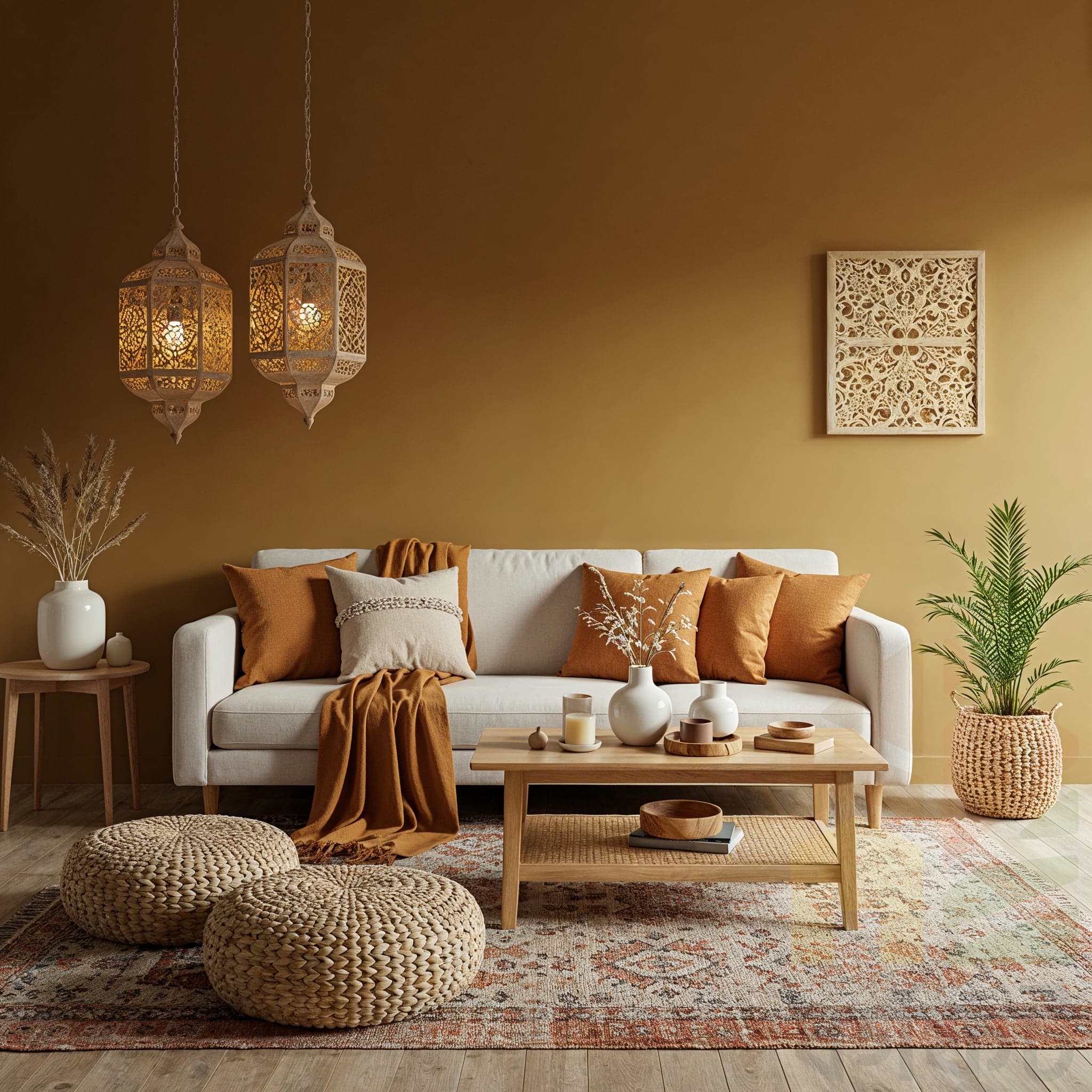 A cozy living room with warm, mustard-yellow walls. A light-colored sofa with various shades of orange and cream-colored pillows is positioned on a decorative rug with warm tones. Two intricate, wicker lanterns hang from the ceiling. On the left, there's a small wooden table with vases and dry plants, and on the right, a potted palm plant sits in a woven basket. Two round, textured poufs sit in front of the sofa.