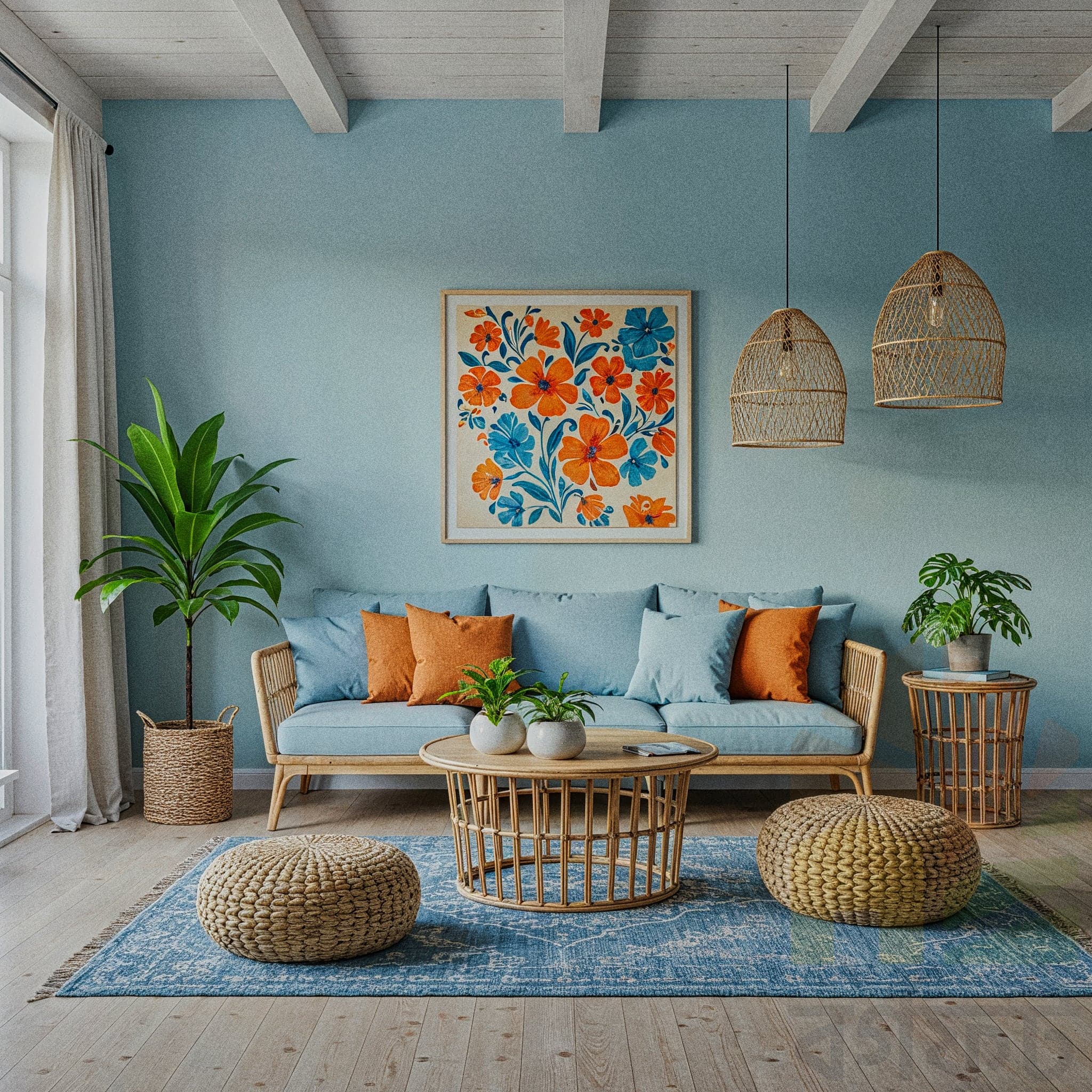 This bright and airy living room creates a serene retreat with its calming teal walls and vibrant, bohemian-style art. Natural textures from the wicker pendant lights, rattan furniture, and woven baskets add warmth, while lively green plants bring the outdoors in.