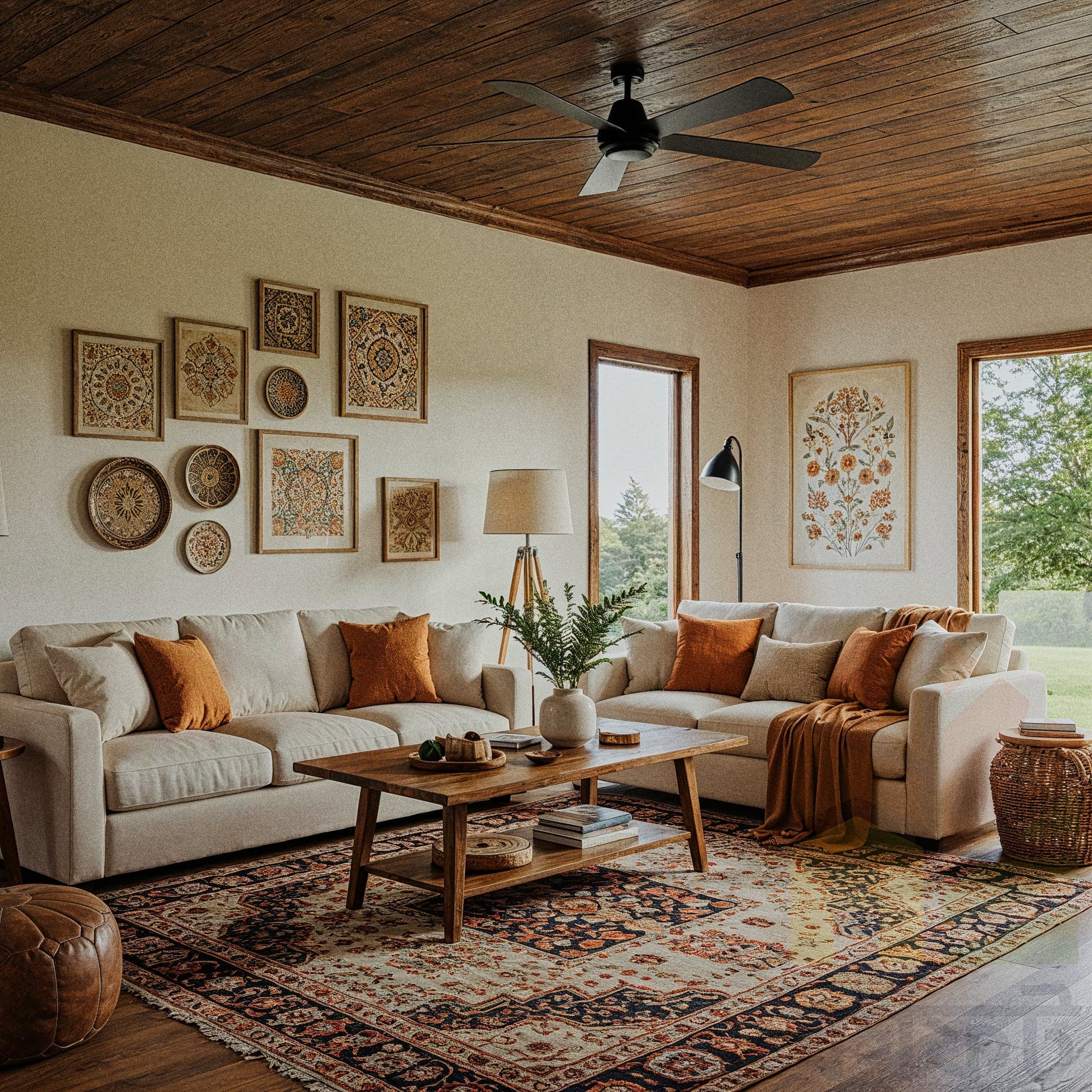 A sun-filled living room with white walls and large windows. A bright yellow sofa with colorful patterned pillows sits on a vibrant Persian-style rug. A large, round woven pendant light hangs from the ceiling. A distressed wooden coffee table is in the center, and a beige, tufted accent chair is on the right. Large green potted plants are placed on both sides of the sofa.