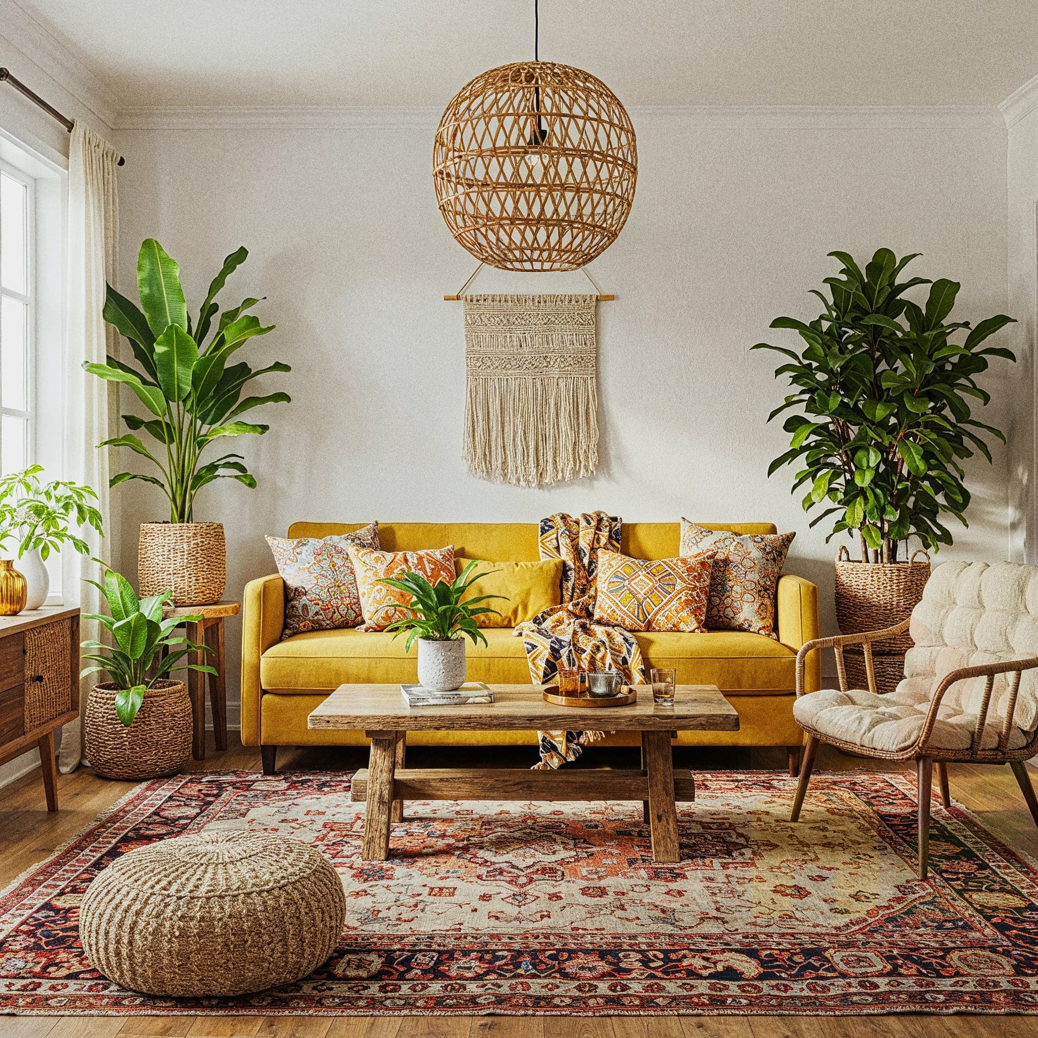 An open-concept living room and kitchen area with light-colored walls and exposed ceiling beams. A large, light beige sectional sofa with orange and beige pillows is positioned on a vibrant patterned rug. A dark wood coffee table with woven baskets sits in front of the couch. In the background, a light-wood hutch is next to a large, round wicker mirror. A modern kitchen with a large island and bar stools is visible in the distance.
