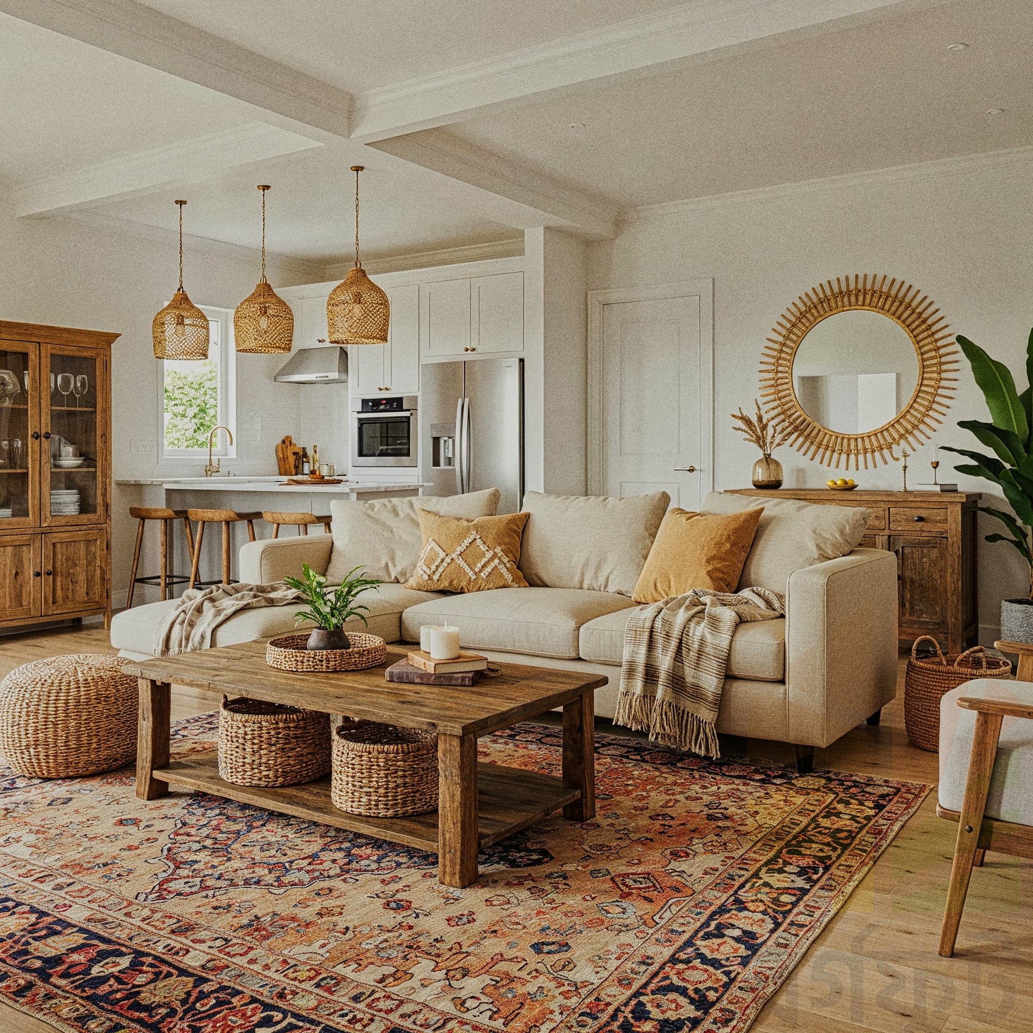 A spacious living room with an exposed dark wood plank ceiling and light walls. Two light beige sofas with orange and white pillows face each other across a wooden coffee table. On the left wall, a gallery of woven art and small framed pictures hangs above one of the sofas. The room features large windows, a tripod lamp, and a large Persian-style rug.