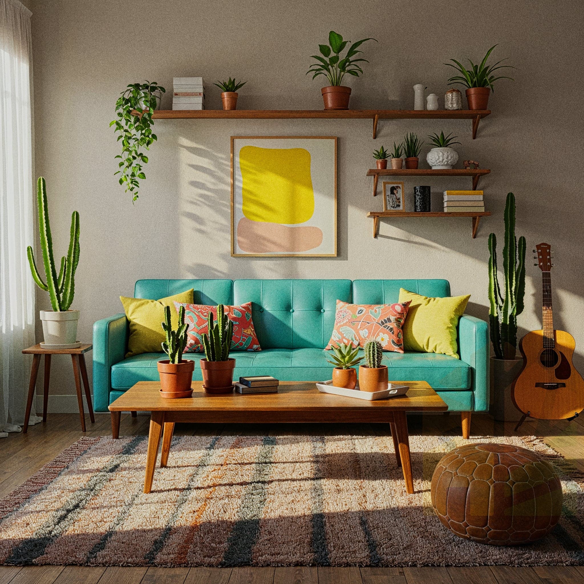 A cozy living room with a turquoise mid-century modern sofa. Two light-colored wooden floating shelves above the sofa display various small potted plants, framed photos, and books. A large, abstract yellow and pink art print hangs below the shelves. A wooden coffee table with a few potted cacti sits in front of the sofa. A tall cactus plant stands on a small side table on the left, while another stands on the right next to an acoustic guitar. A light-colored striped rug covers the floor.