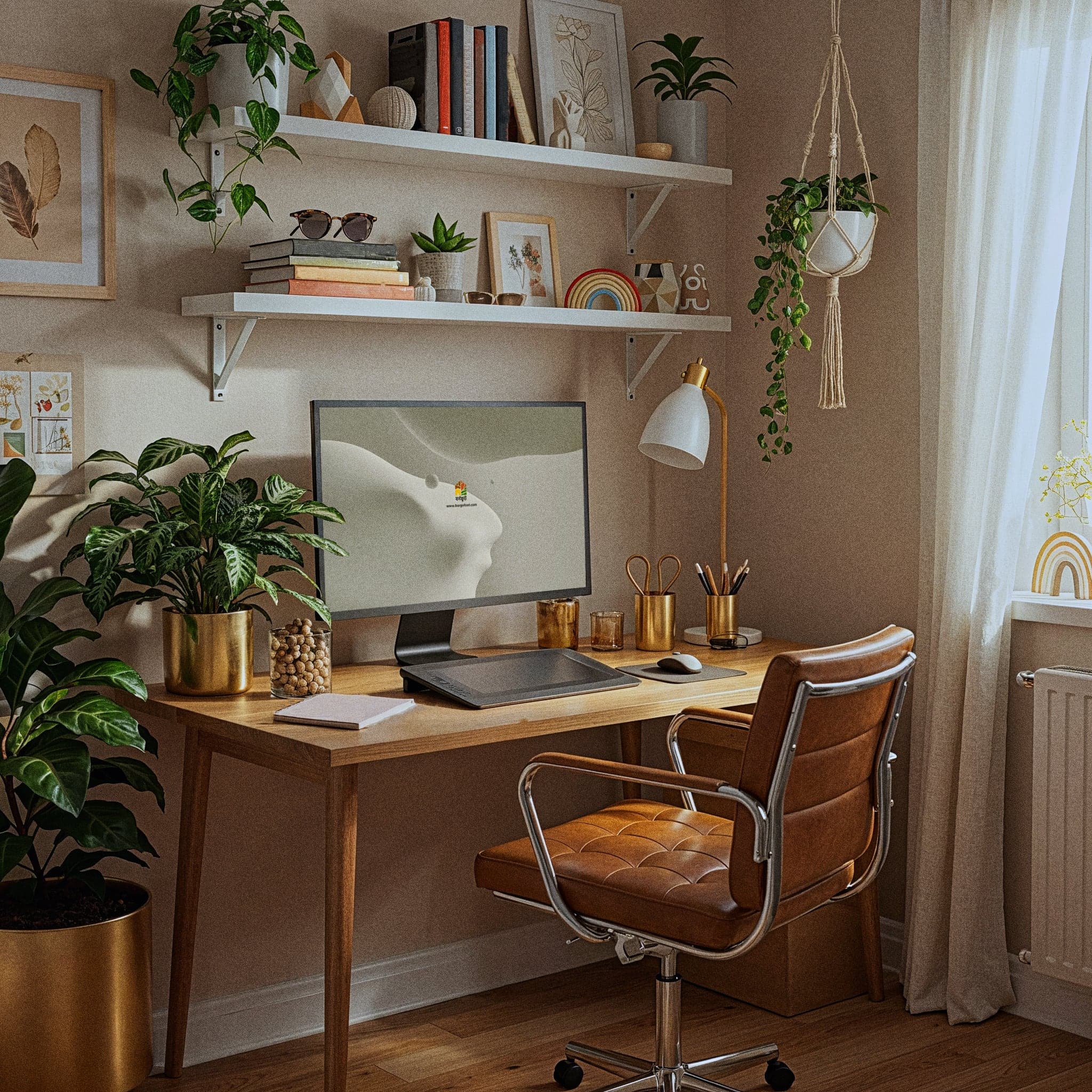 A cozy and inviting private office that blends the warmth of natural wood with a cool, industrial-inspired concrete wall. The large window floods the space with light and a view of nature, making it a peaceful and inspiring sanctuary for work.