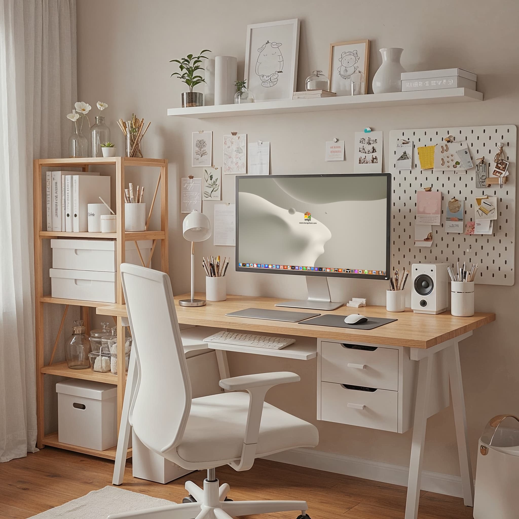 A bright and tranquil private office designed for maximum focus with a clean, minimalist aesthetic. The combination of light wood furniture and white walls creates a calm and airy atmosphere, while a large potted plant introduces a touch of natural harmony.
