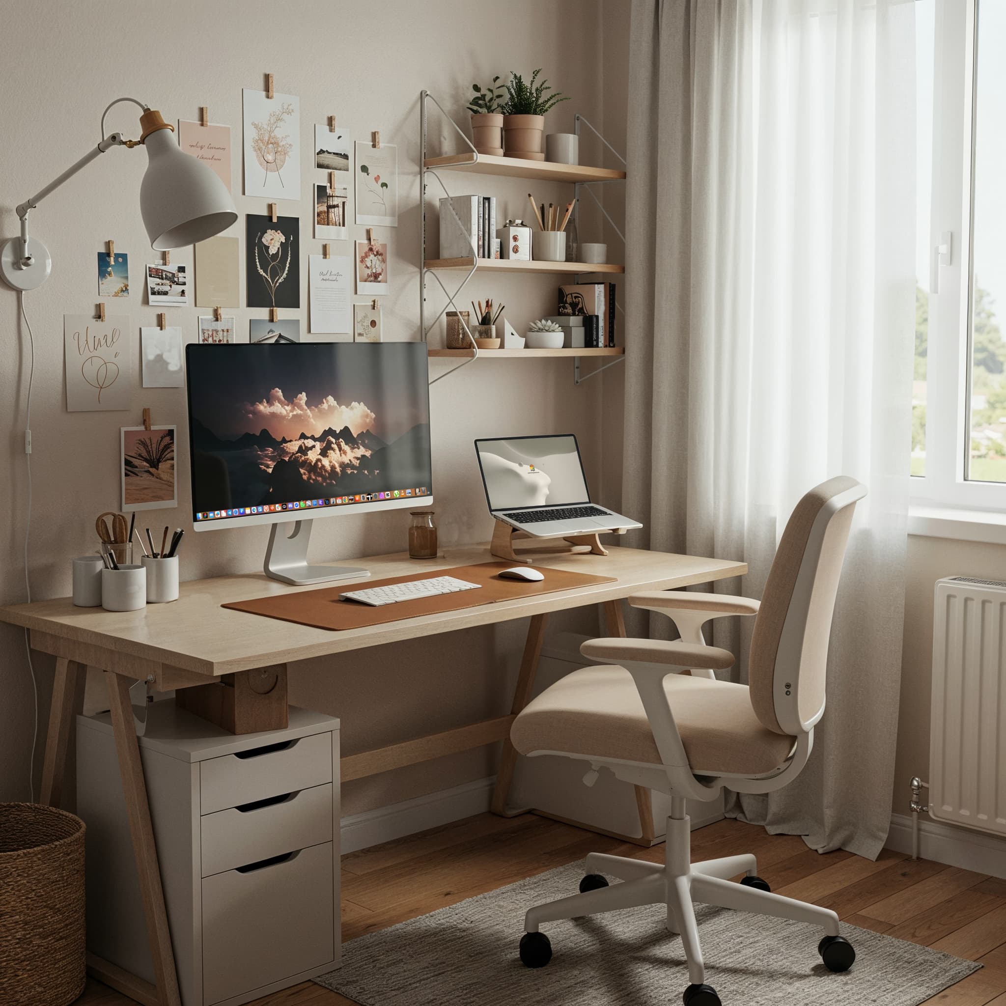 A cozy and eclectic private office with a herringbone-patterned floor. A comfortable armchair with a blanket is in the foreground, next to a small round table with books and a mug. A gallery wall featuring various framed pictures and art hangs above. A large window provides light and a tall potted plant sits in the corner.