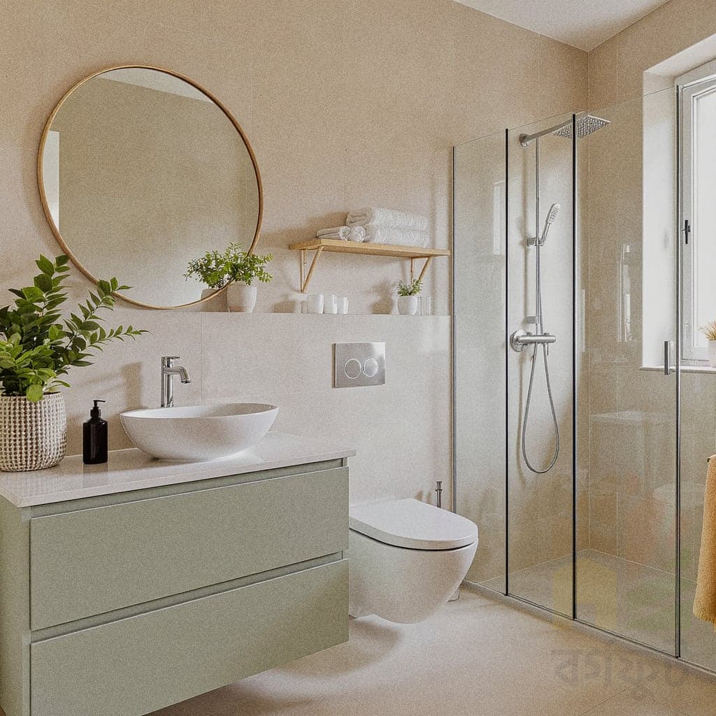 A clean, modern bathroom with large, light beige tiles on the walls and floor. A light green floating vanity with two drawers holds a white vessel sink and a single silver faucet. A large, round, gold-rimmed mirror hangs above the sink. A glass partition separates the spacious walk-in shower from the rest of the room. A small wooden shelf with towels is on the wall.