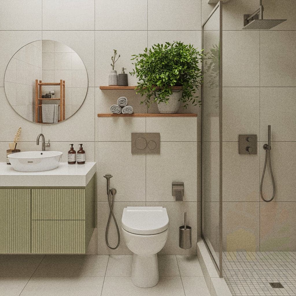 A contemporary bathroom with large, light gray-beige tiles on the walls and floor. A floating vanity with a ribbed, pale green front and a white countertop holds a round vessel sink. A large, round mirror hangs above the sink. A large potted plant sits on the counter. A walk-in shower with a glass partition is visible on the right. Two floating wooden shelves on the wall hold plants and towels.