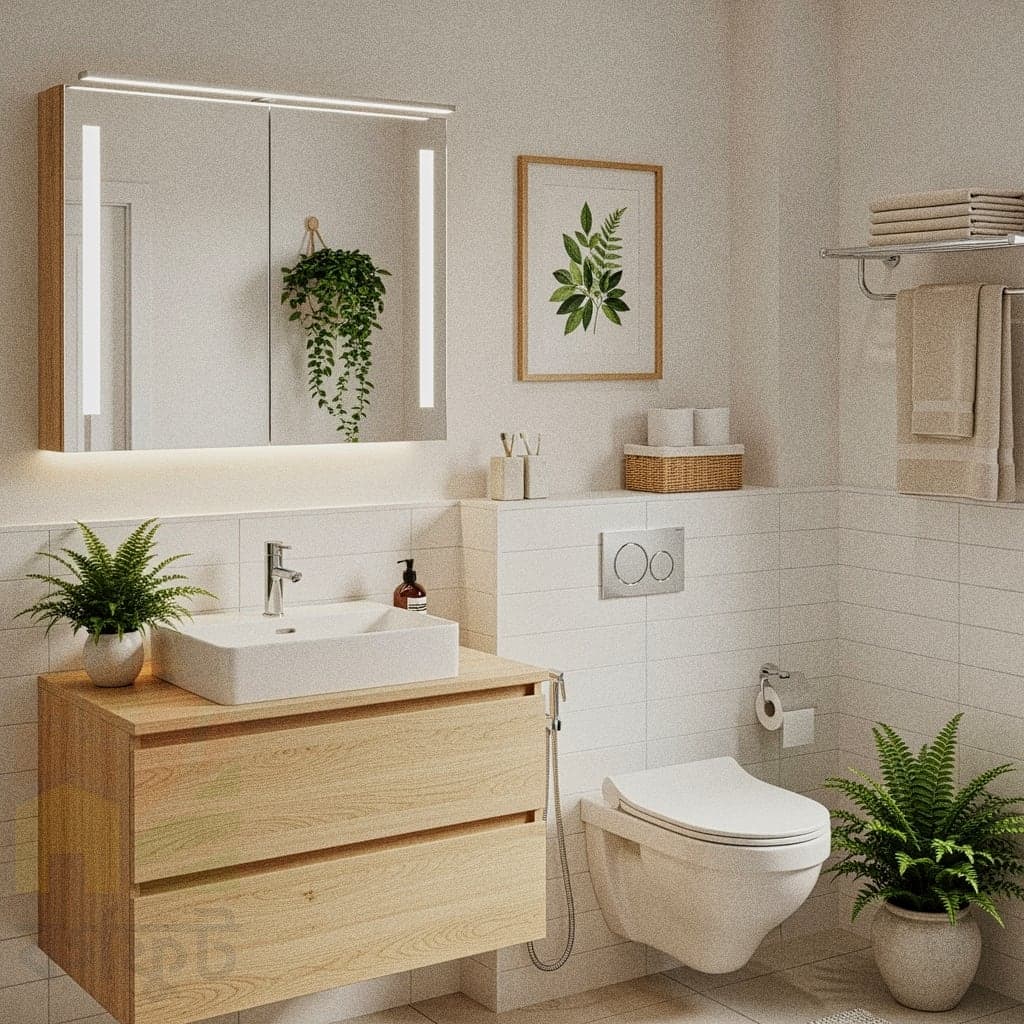A clean and modern bathroom with white tiled walls. A wooden floating vanity with a white vessel sink is below a large, mirrored medicine cabinet with a horizontal light bar. A wall-mounted toilet is to the right. A framed picture of a plant hangs on the wall, and several small potted ferns are on the counter and floor.
