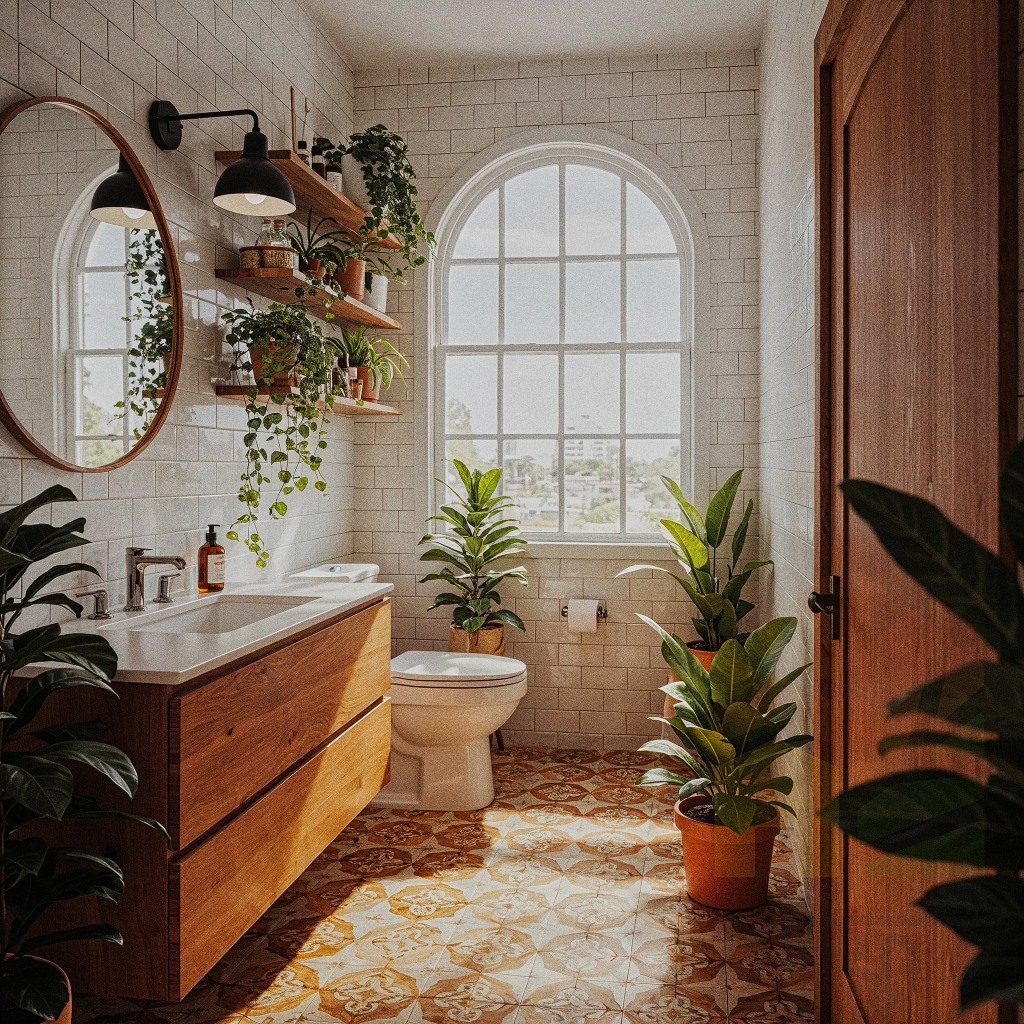 A bright, bohemian-style bathroom with a large arched window. The floor is covered in patterned terracotta-colored tiles, and the walls are white subway tiles. A wooden floating vanity with a white vessel sink is below a round mirror. Several potted plants, some very tall, are arranged on the floor and on a floating shelf.