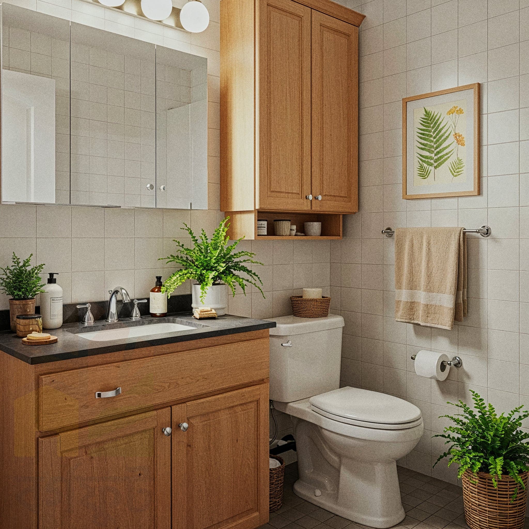 A classic-style bathroom with a wooden vanity and upper cabinet. The walls are covered in small, white square tiles. A black countertop holds a white vessel sink and a single faucet. A framed botanical print hangs on the wall. Potted ferns are placed on the counter and on the floor.