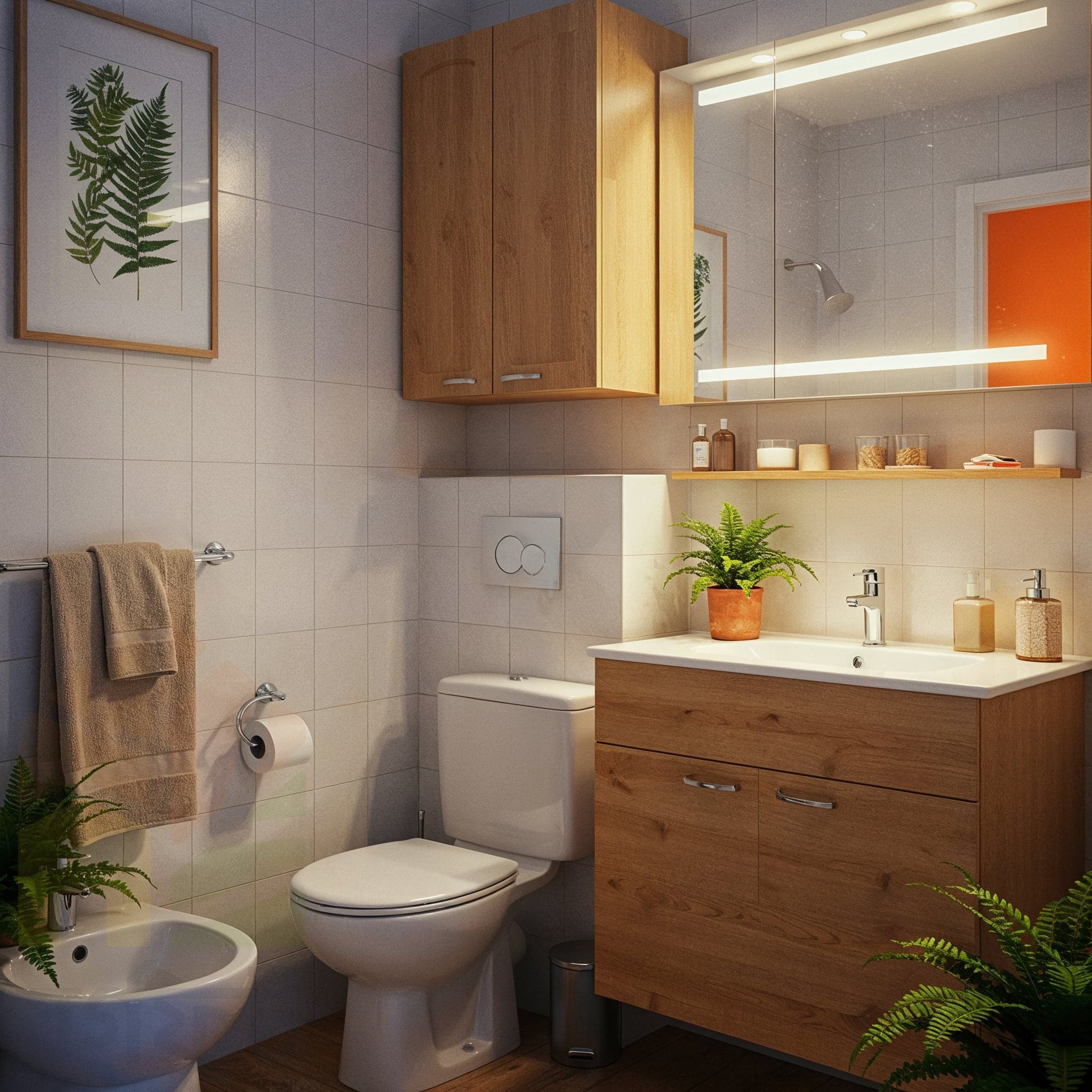 A modern bathroom with white tiled walls and a dark floor. A wooden vanity with a white vessel sink sits below a large, mirrored medicine cabinet with built-in lighting. A wall-mounted toilet and bidet are to the left. A framed botanical print hangs on the wall. A potted fern is placed on the counter.