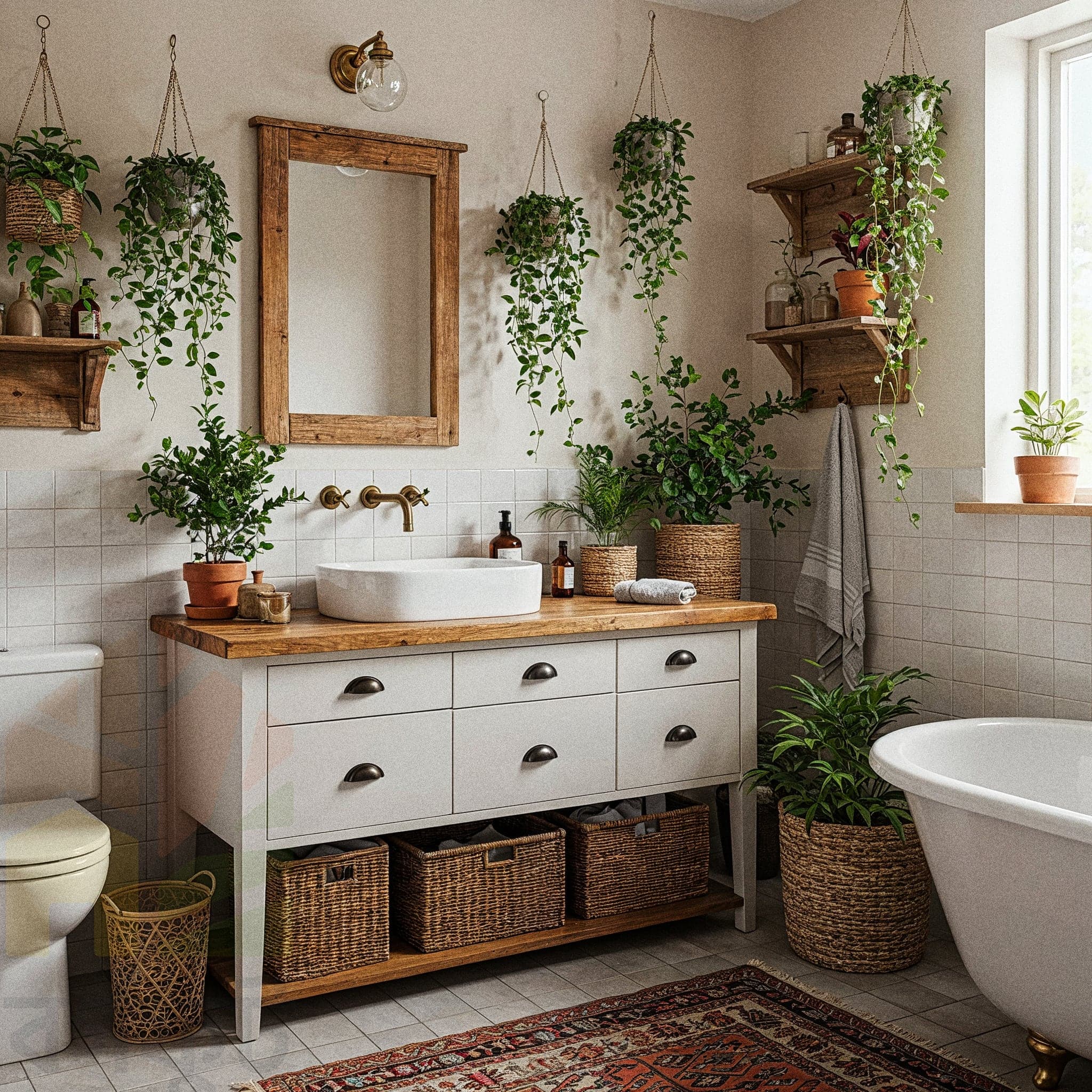 A rustic, bohemian-style bathroom with white tiled walls and a classic clawfoot tub on the right. A light gray vanity with a wooden countertop holds a white vessel sink. Woven baskets are placed on a shelf underneath the vanity. A large, wooden-framed mirror hangs above the sink. A large number of potted and hanging plants are arranged throughout the room.