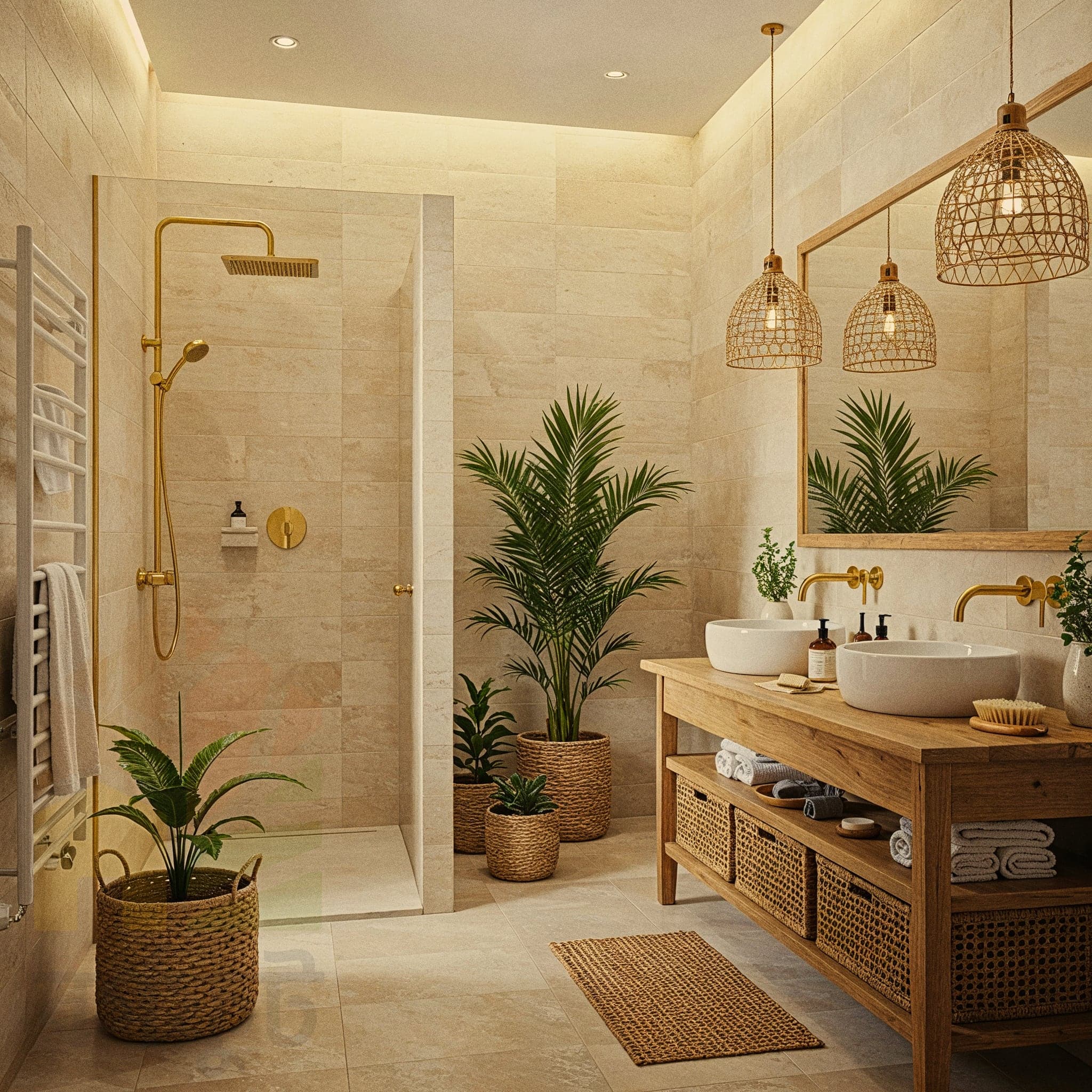 A rustic yet modern bathroom with a wooden vanity and a white vessel sink. The lower half of the walls are covered in light beige subway tiles. A large, round mirror with a wooden frame hangs from a strap. Two hanging plants in pots and a glass pendant light are on either side of the mirror. Gold faucets and towel racks add a touch of warmth.