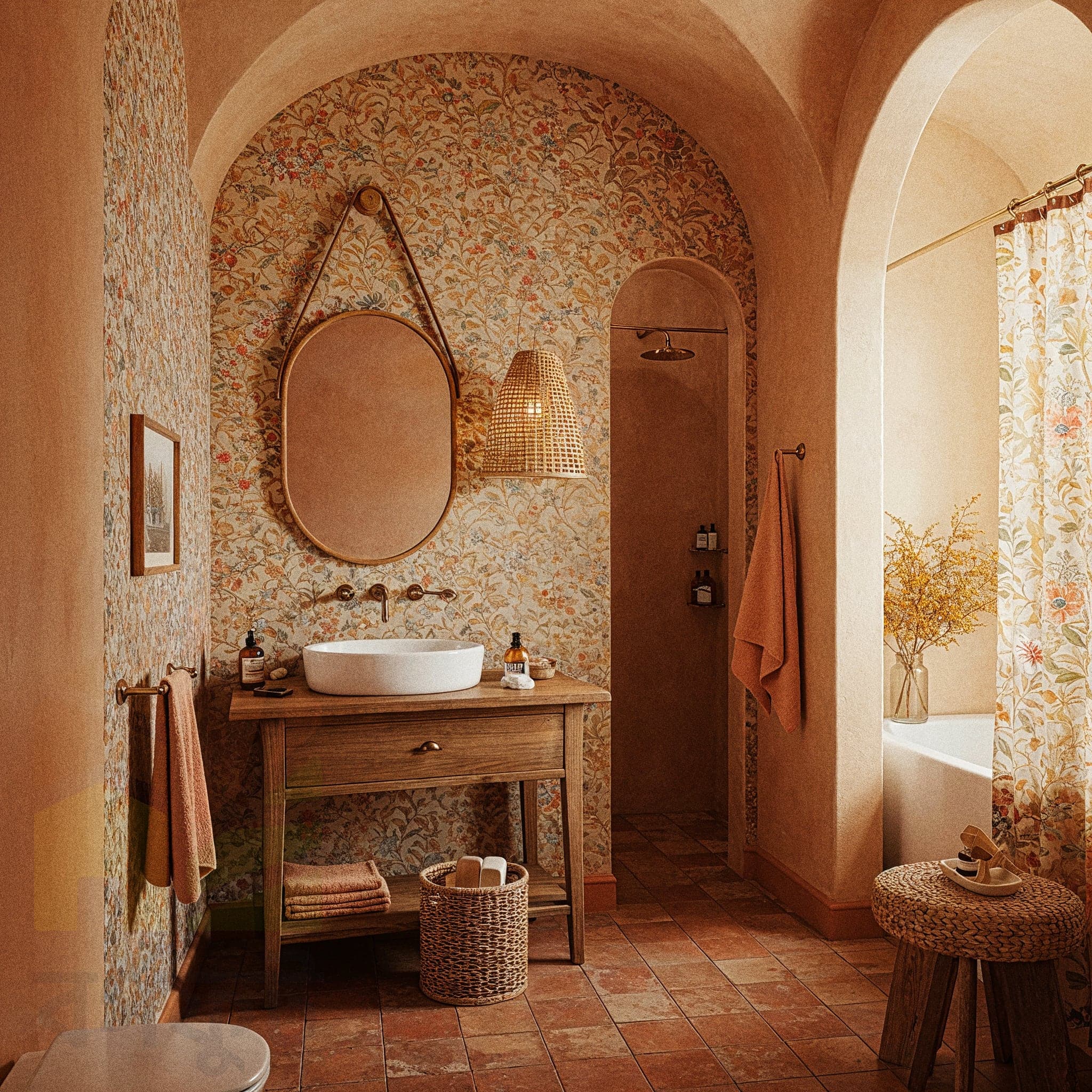 A warm, rustic-style bathroom with terracotta-colored plaster walls and matching floor tiles. The ceiling has exposed dark wood beams. A light-colored wooden vanity with a gray stone vessel sink is in the center. A rectangular black-framed mirror hangs above it. A small woven rug is on the floor. An open doorway leads to a toilet room.