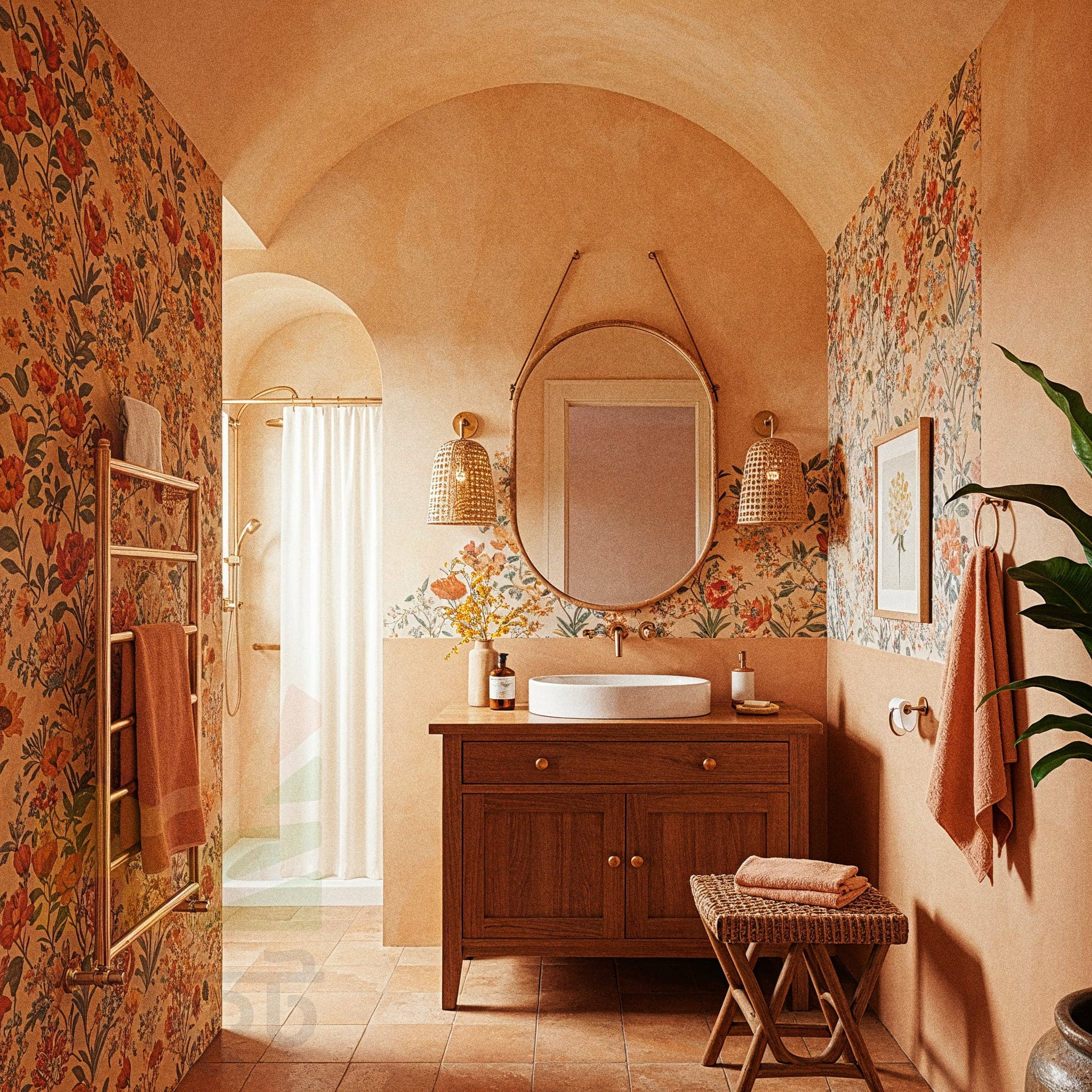A clean and modern bathroom with light beige walls and large gray floor tiles. A long, light wood floating vanity with a white countertop and a white vessel sink is in the center. A large, round black-framed mirror hangs above it. Two round light fixtures are on either side of the mirror. A walk-in shower with a glass partition is on the right.