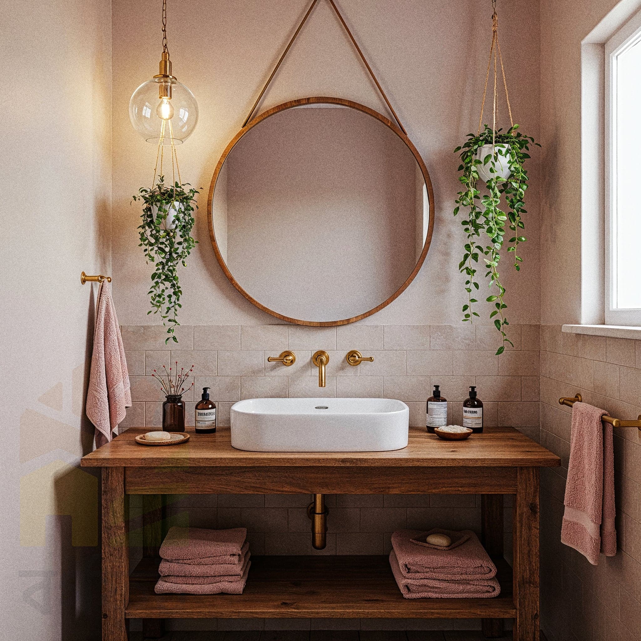 A modern and minimalist bathroom with light gray tiles on the walls and floor. A floating vanity has a ribbed, pale green front and a white countertop with a round vessel sink. A large round mirror hangs above the sink. A large potted plant sits on the counter. A walk-in shower with a glass partition is visible to the right. Two floating wooden shelves on the wall hold towels and plants.
