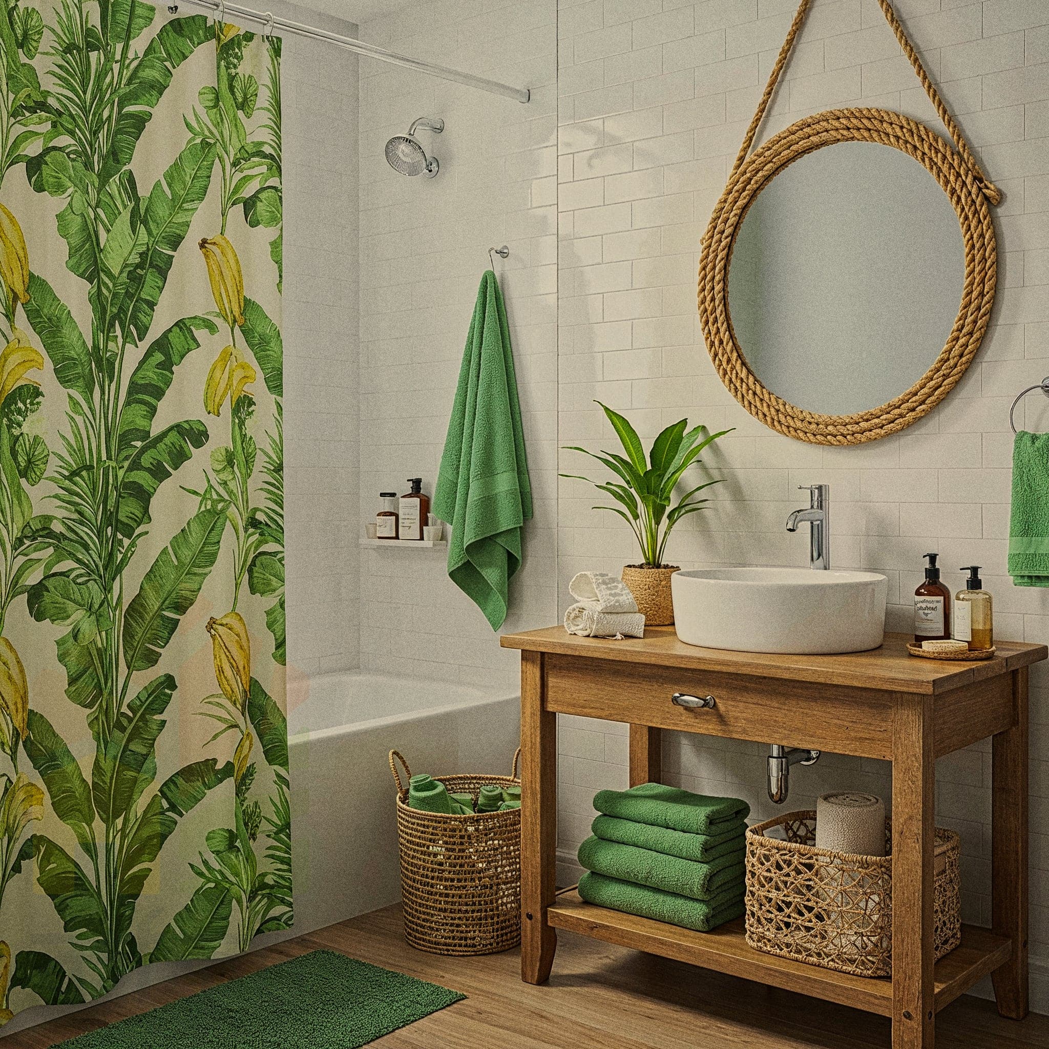 A bright bathroom with white subway tiles. A white bathtub is visible on the left with a green and yellow banana leaf print shower curtain. A rustic wooden vanity with a white vessel sink is in the center. A large round mirror with a thick rope frame hangs above the sink. Woven baskets are placed on a shelf under the vanity and on the floor.