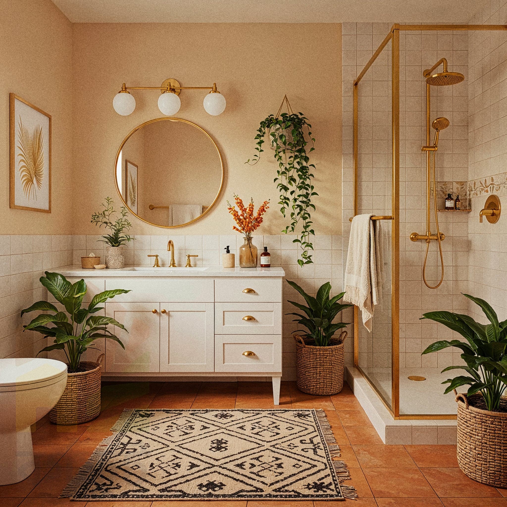 This bathroom beautifully merges rustic elements with modern design. The rustic wooden countertop and gold fixtures create a warm, yet polished look, while the hanging plants add a touch of natural elegance to the space.