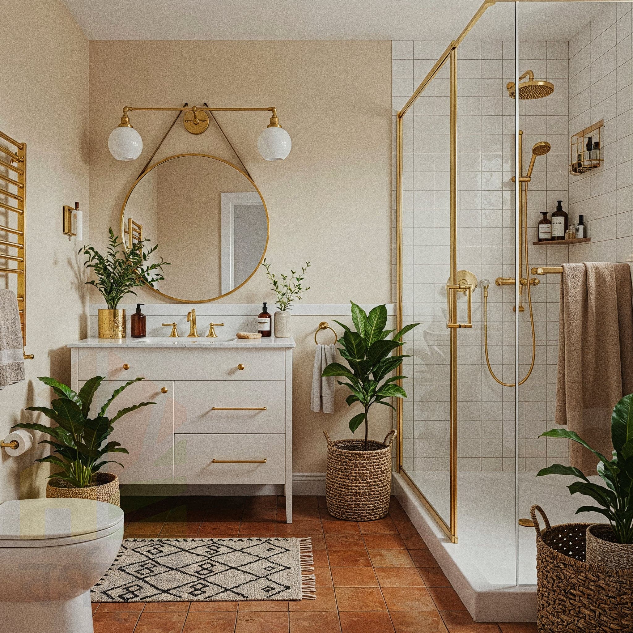 A cozy, bohemian-style bathroom with light-colored walls and a wooden floor. A toilet is in the center, with a large, beige macrame wall hanging above it. To the left, a stack of woven baskets holds towels and a small plant. A wooden floating shelf holds a soap bottle and decor. A large potted plant sits in a woven basket on the right.
