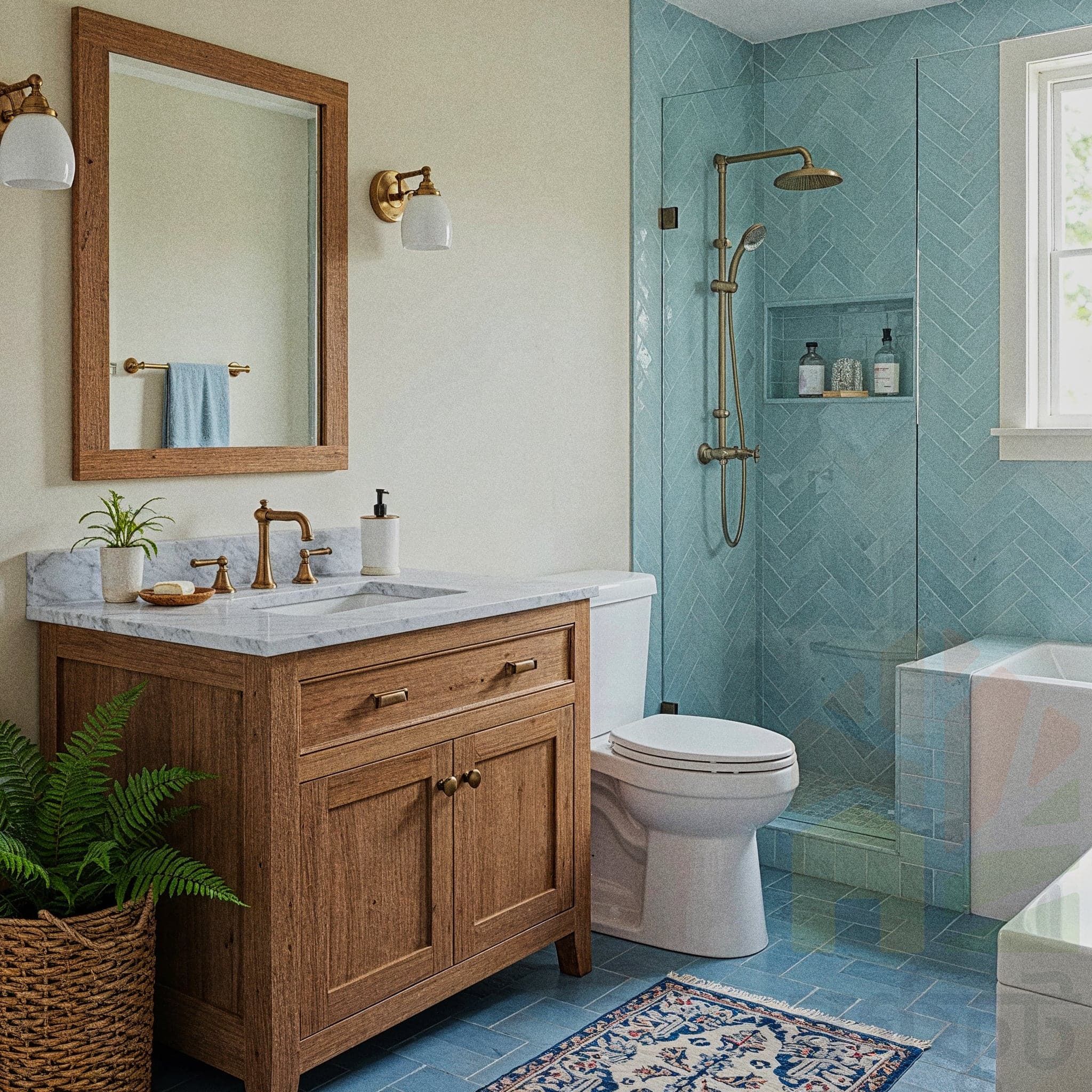 A traditional bathroom with a wooden vanity and a white marble countertop. The floor is covered in small blue tiles, and the walls are painted a light beige. The walk-in shower is tiled in a light blue herringbone pattern with a glass partition. Gold fixtures are used for the faucet and shower head. A framed mirror hangs above the sink, and a potted plant sits on the vanity.