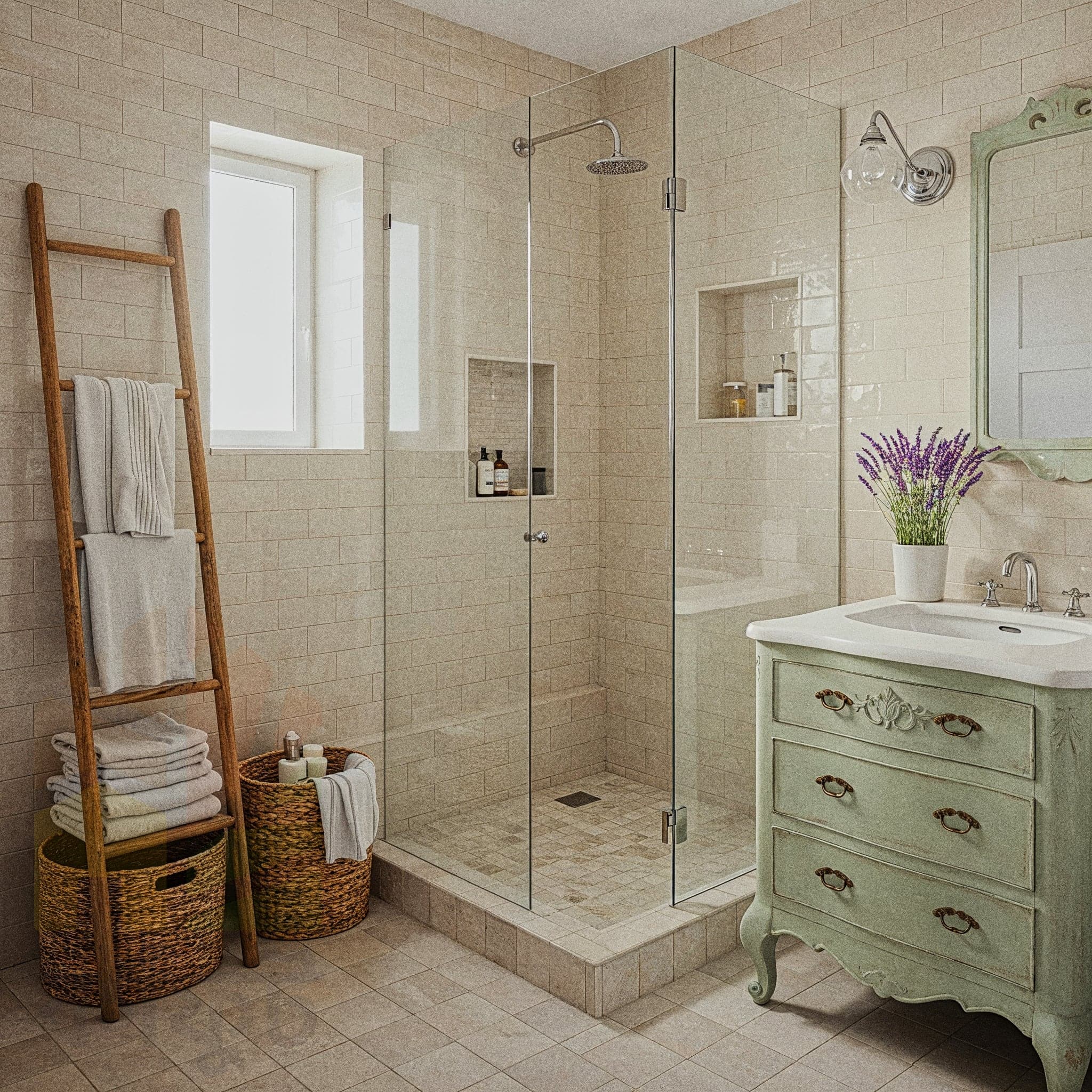 This farmhouse-style bathroom exudes rustic charm with its light-toned beige tiles and a beautifully distressed light green vanity. The spacious walk-in shower and natural wood ladder create a serene and functional space for everyday use.