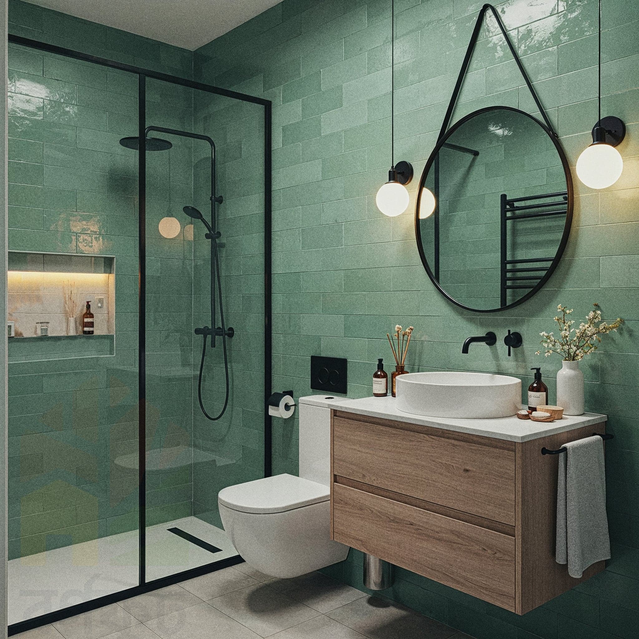 A traditional bathroom with a wooden vanity and a white marble countertop. The floor is covered in small blue tiles, and the walls are painted a light beige. The walk-in shower is tiled in a light blue herringbone pattern with a glass partition. Gold fixtures are used for the faucet and shower head. A framed mirror hangs above the sink, and a potted fern sits on the vanity.