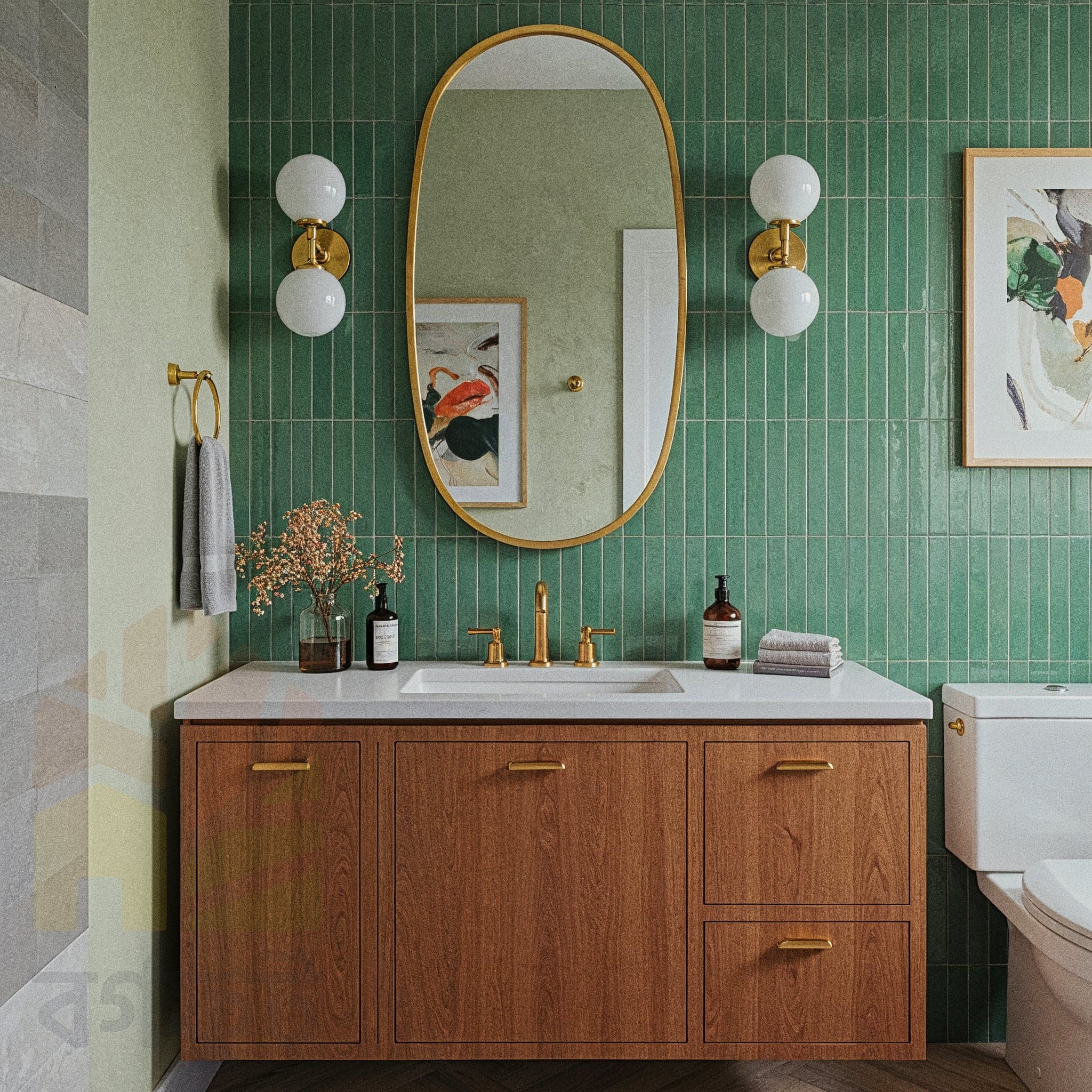 A traditional bathroom with a wooden vanity and a white marble countertop. The floor is covered in small blue tiles, and the walls are painted a light beige. The walk-in shower is tiled in a light blue herringbone pattern with a glass partition. Gold fixtures are used for the faucet and shower head. A framed mirror hangs above the sink, and a potted fern sits on the vanity.