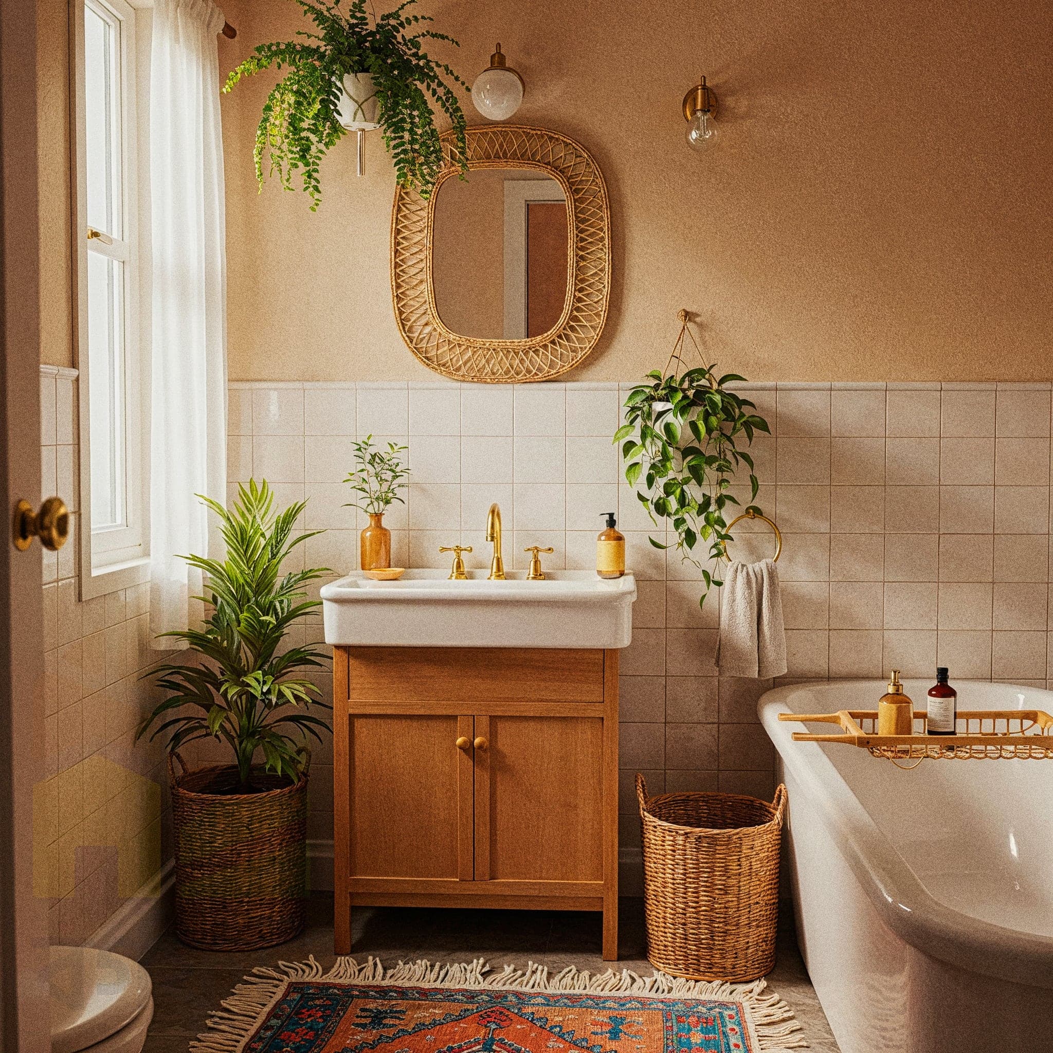 A bright bathroom with white subway-style tiles on the walls and warm terracotta-colored tiles on the floor. A white vanity with a white countertop is in the center, with a round gold-framed mirror above it. Gold fixtures are used for the faucet and shower head. Potted plants in woven baskets are placed on the floor on either side of the vanity. A black and white patterned rug is on the floor.