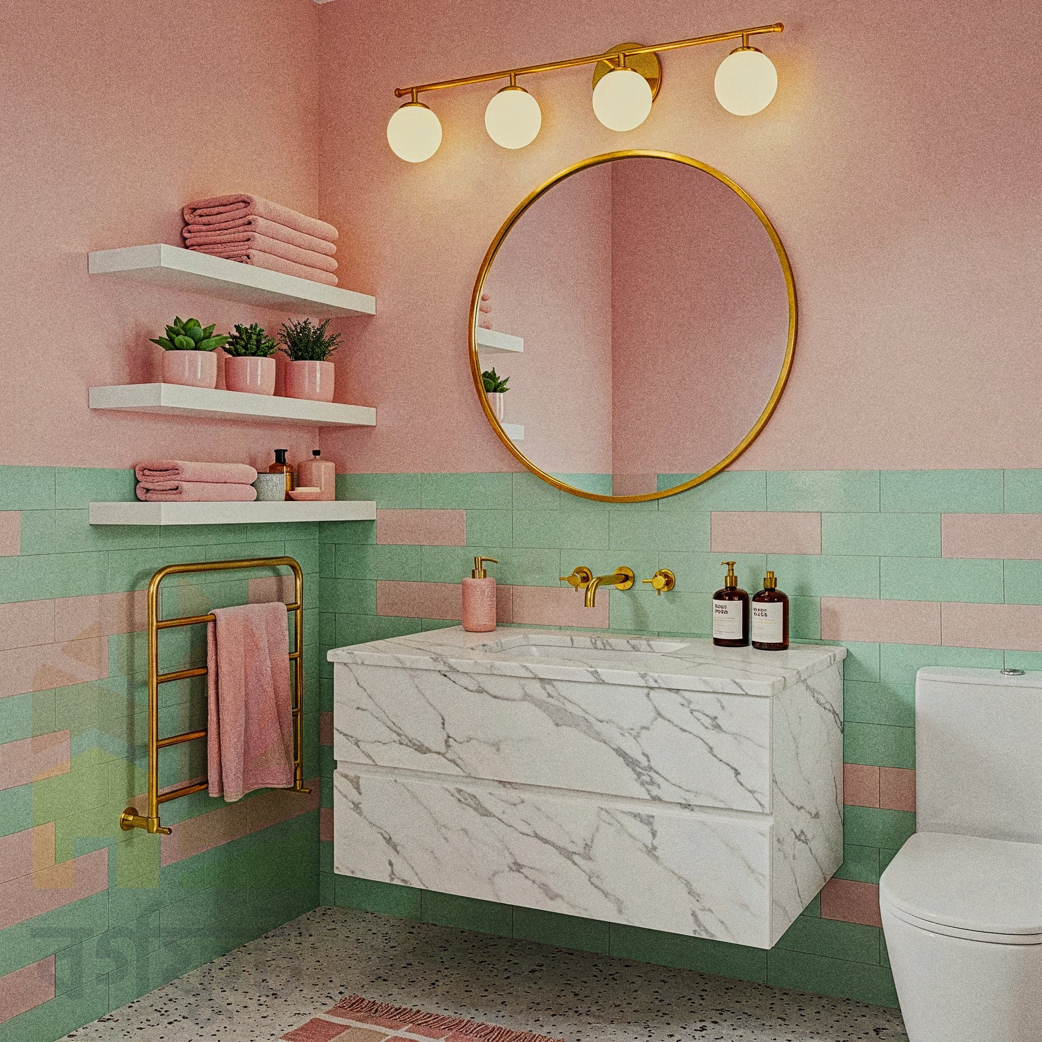 A modern bathroom with a wall tiled in long green rectangular tiles. A light wood vanity with a white countertop and a white vessel sink is in the center. An oval gold-framed mirror hangs above the sink, flanked by two round white and gold wall sconces. Gold fixtures are used for the faucet and towel ring.