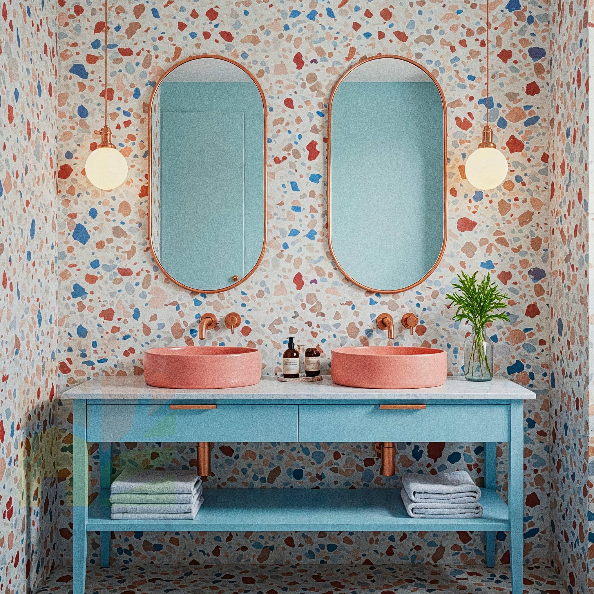 A bohemian-style bathroom with light brown walls and tiled wainscoting. A light wood vanity with a white vessel sink is beneath a large rattan-framed mirror. A freestanding white bathtub is on the right. Potted plants in woven baskets are placed on the floor, and a colorful patterned rug is in front of the vanity.