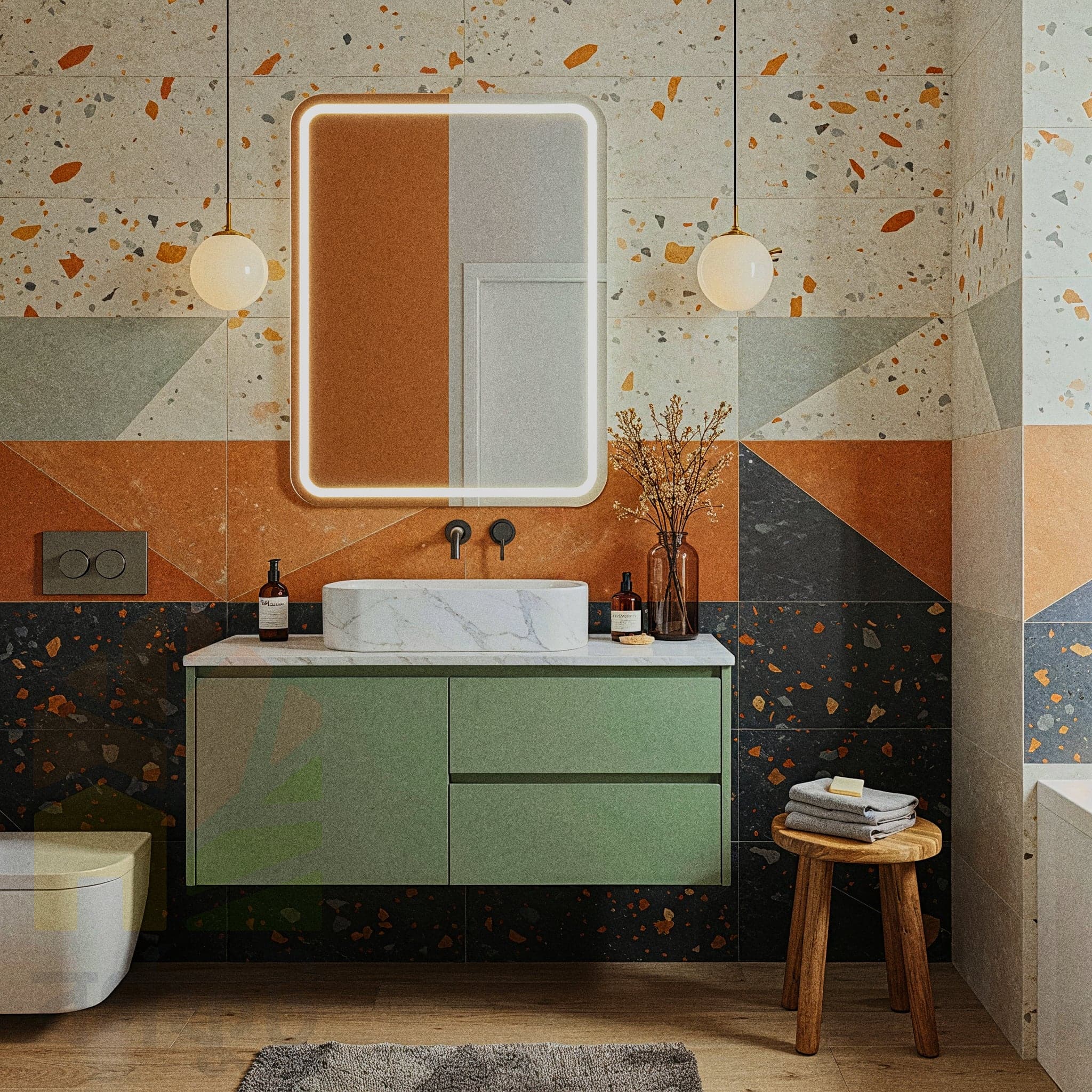 A bright and minimalist bathroom with white tiled walls and floor. A light wood floating vanity with a white countertop and a vessel sink is on the left. A large round mirror is above the sink. A wall-mounted toilet is in the center. A walk-in shower with a glass partition and a simple shower head is on the right.