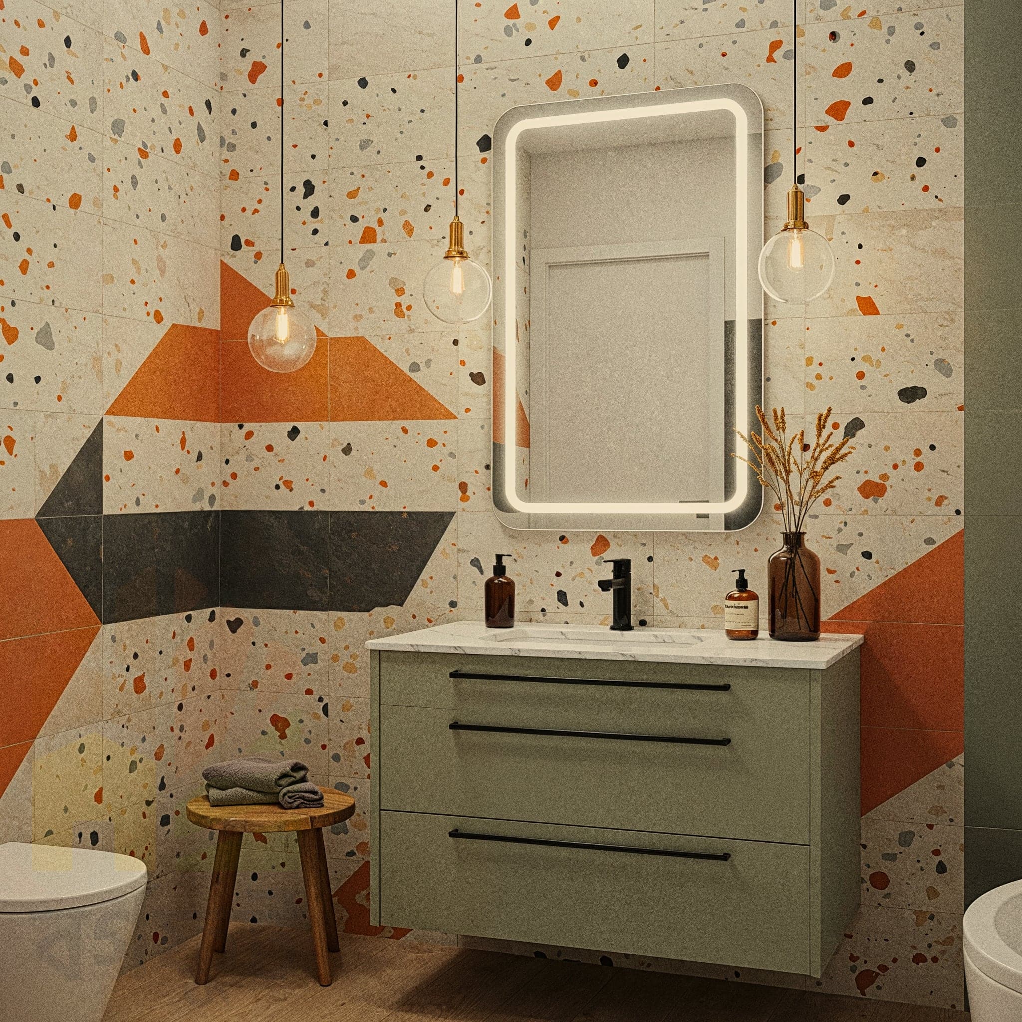 This clean, modern bathroom features a natural wood vanity with a white vessel sink and sleek black fixtures. A large, circular neon-lit mirror creates a bold, modern focal point, while the walk-in shower with black-framed glass keeps the space feeling open and airy.