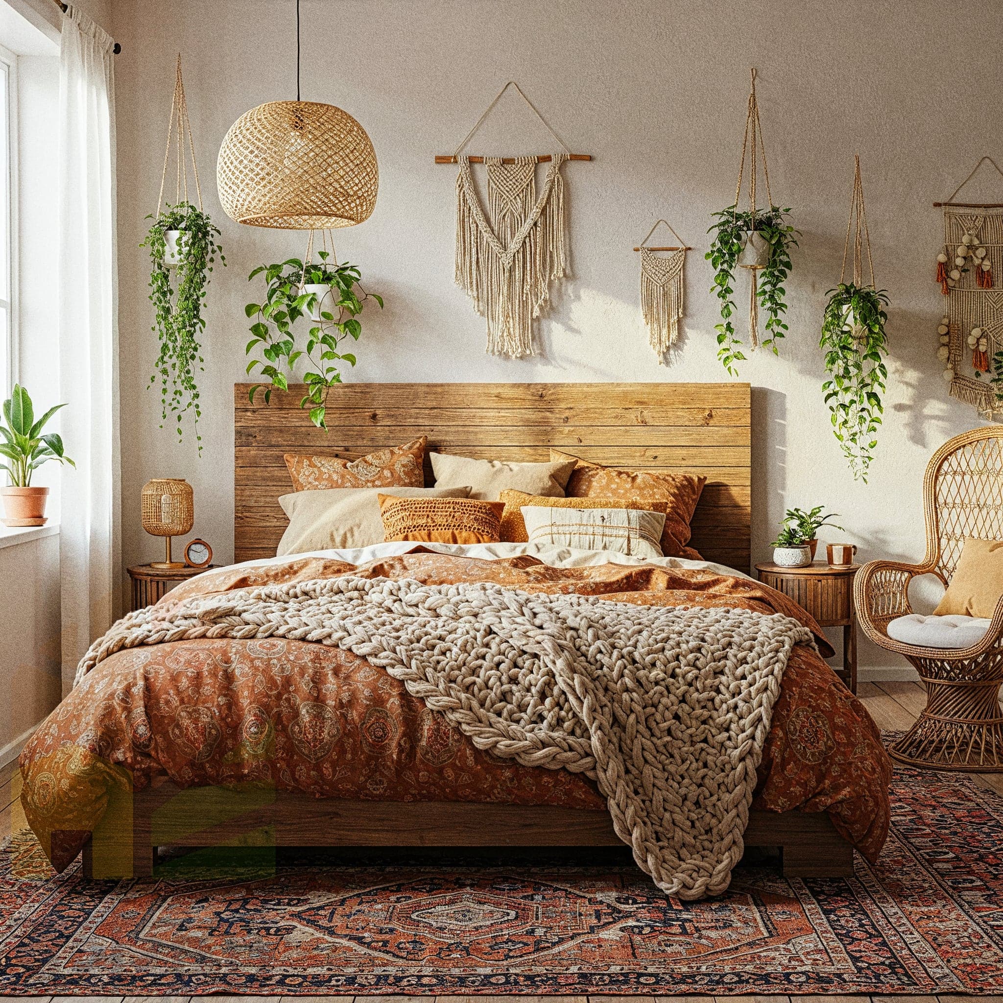 A cozy bedroom with light brown walls and hardwood floors. A bed with a rattan headboard is covered in terracotta-colored linens and a cream-colored knit blanket. String lights are draped over the headboard. On either side of the bed are small round rattan side tables with plants and lamps. A large, patterned area rug is layered over smaller rugs. A hanging wicker chair and a collection of circular rattan mirrors decorate the room.