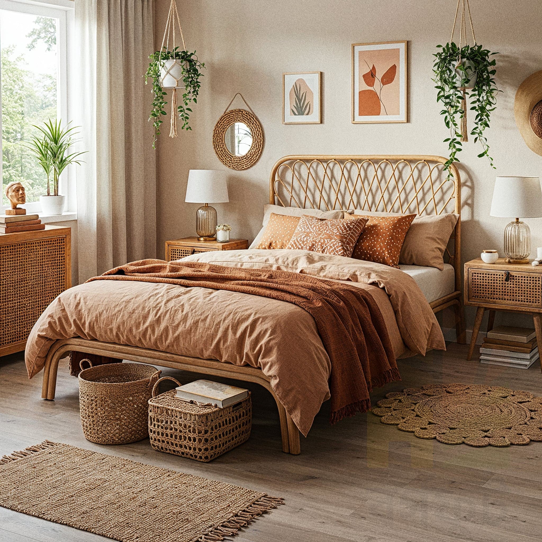 A bright bedroom with a light-colored wood floor and light beige walls. A bed with a natural-colored rattan frame is covered in a beige duvet and a brown throw blanket. The room is decorated with a variety of woven and rattan pieces, including a side table, a basket at the foot of the bed, and two small round rugs. Hanging plants and framed botanical art pieces adorn the wall.