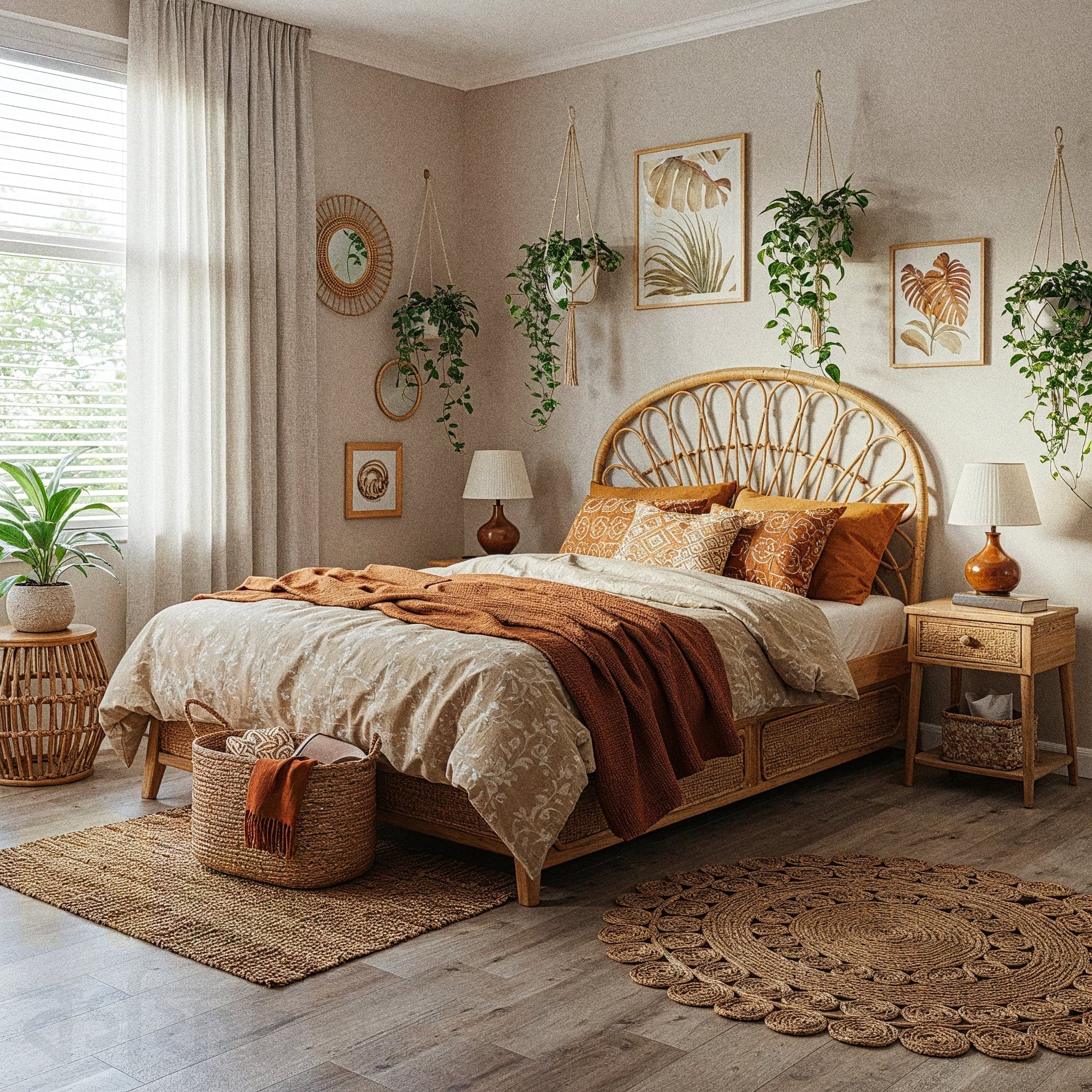 A warm, terracotta-colored bedroom with light wood floors. A bed with a woven rattan headboard is covered in a red, patterned comforter and pillows. A large, red and blue patterned rug covers most of the floor. On the window sill, various potted plants are arranged. A wicker chair with a cushion and a hanging wicker pendant light complete the cozy, bohemian look.