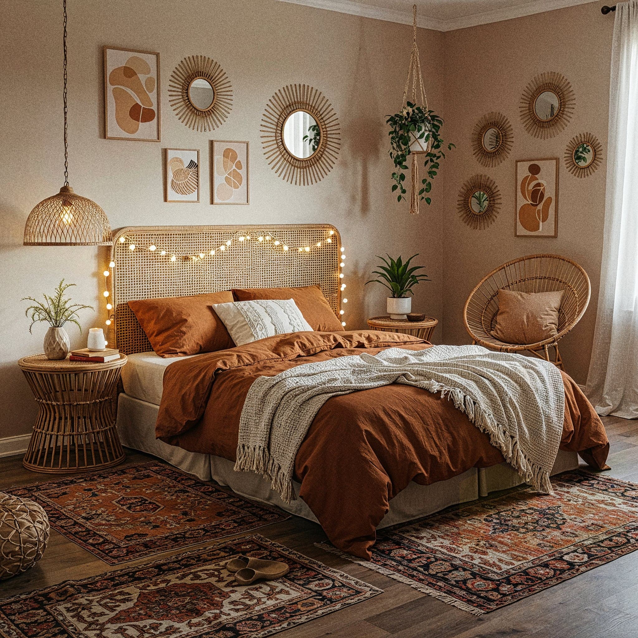 A bright bedroom with a light pink textured wall. A bed is covered in white and navy blue linens with orange and patterned pillows. A large, patterned rug in shades of red, blue, and orange is on the wood floor. On the wall, a macrame wall hanging is the central decor piece. Two large woven pendant lights hang from the ceiling. A wooden dresser and a bookshelf filled with plants and books are also in the room.
