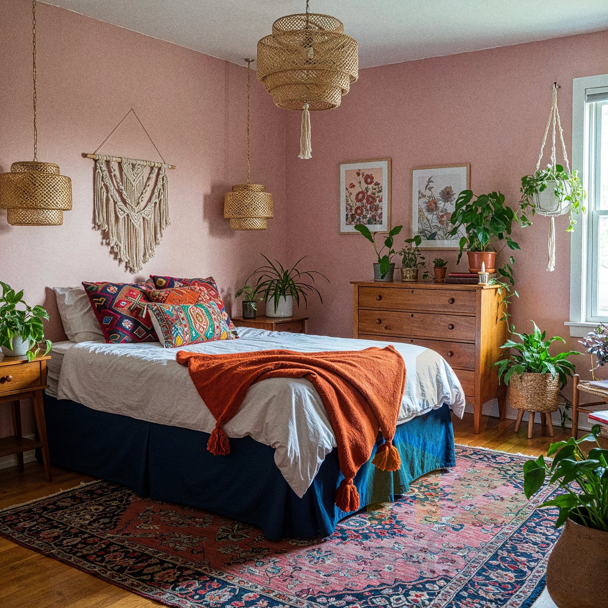 A bright bedroom with a pink textured wall and light wood floor. A bed is covered in a white comforter and a bright orange throw blanket. A mix of colorful, patterned pillows rests against the headboard. Two large woven pendant lights hang from the ceiling. A large, red, blue, and orange patterned rug is on the floor. A wooden dresser and a variety of potted plants fill the space.