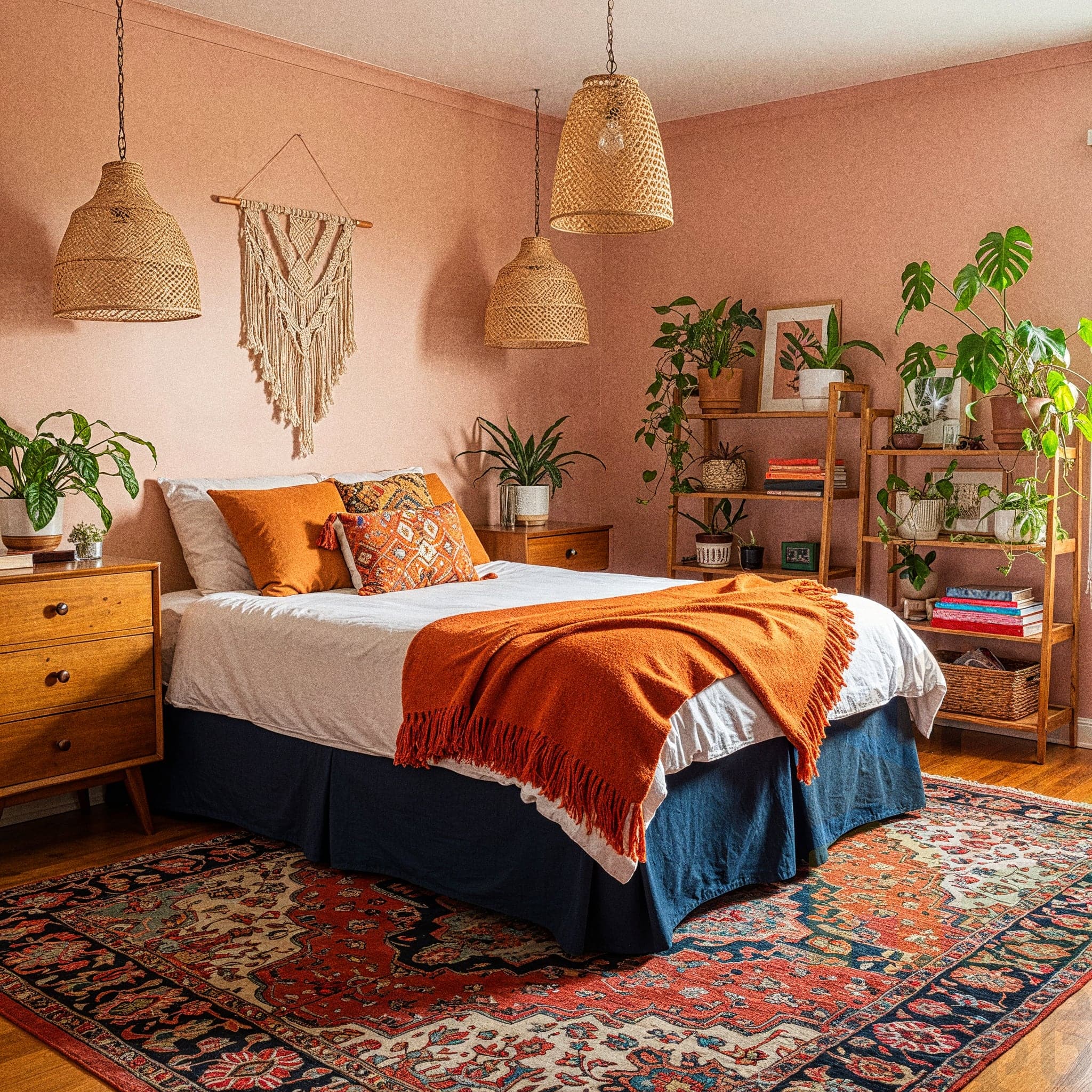 A bright bedroom with light-colored walls and wood floors. A bed with a light-colored rattan frame is covered in beige and brown linens. The windows are dressed with sheer white curtains. Hanging plants and framed art with leaf patterns decorate the wall. A round woven rug and a rectangular woven rug are on the floor. A large woven basket sits at the foot of the bed.