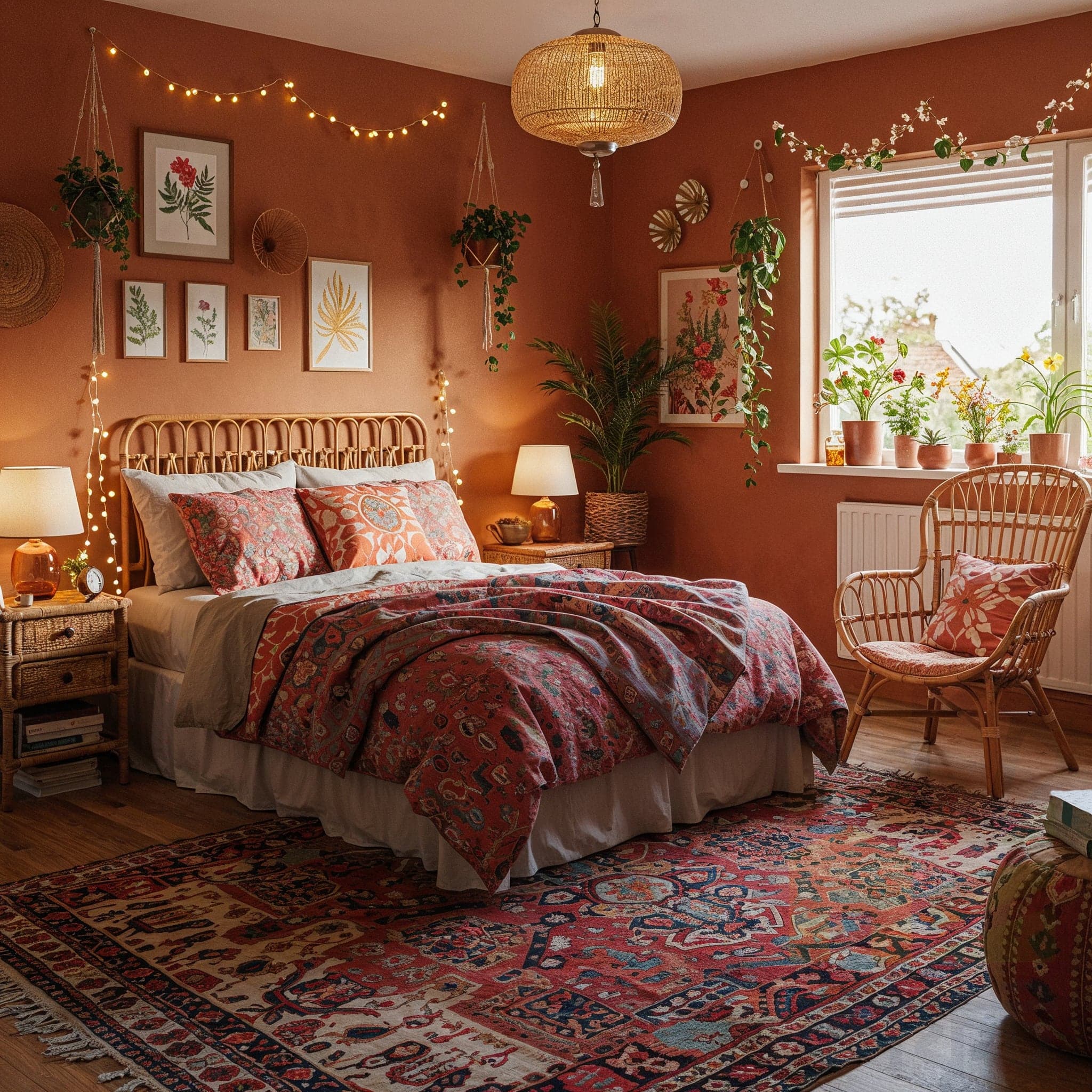 A wide-angle view of a bohemian bedroom with light-colored walls and wood floors. A bed with a rattan headboard is covered in terracotta-colored linens. A collection of sunburst and round rattan mirrors decorates the wall behind the bed. Hanging plants and a variety of plants on small rattan side tables fill the room. Two large, ornate rugs are layered on the floor.