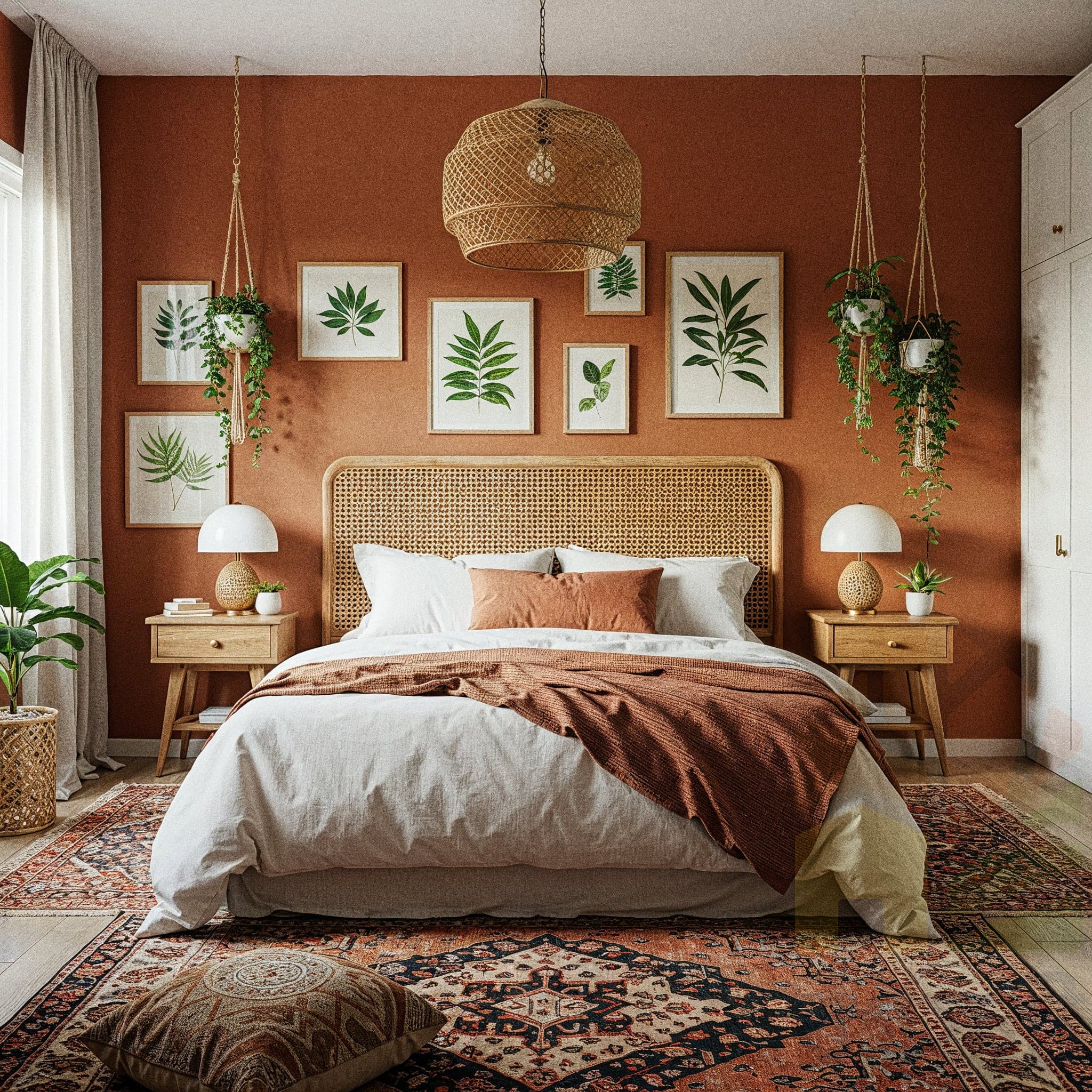 A bedroom with beige walls and a woven rattan headboard. The bed is covered in a checkered duvet and a chunky, beige knitted blanket. Two small, round wicker side tables flank the bed, each holding a lamp and some books. A woven wicker trunk sits at the foot of the bed with a tea set on a tray. Green fern art hangs on the walls, and live potted plants are placed on shelves and in the corners, adding a touch of nature to the warm and inviting space.