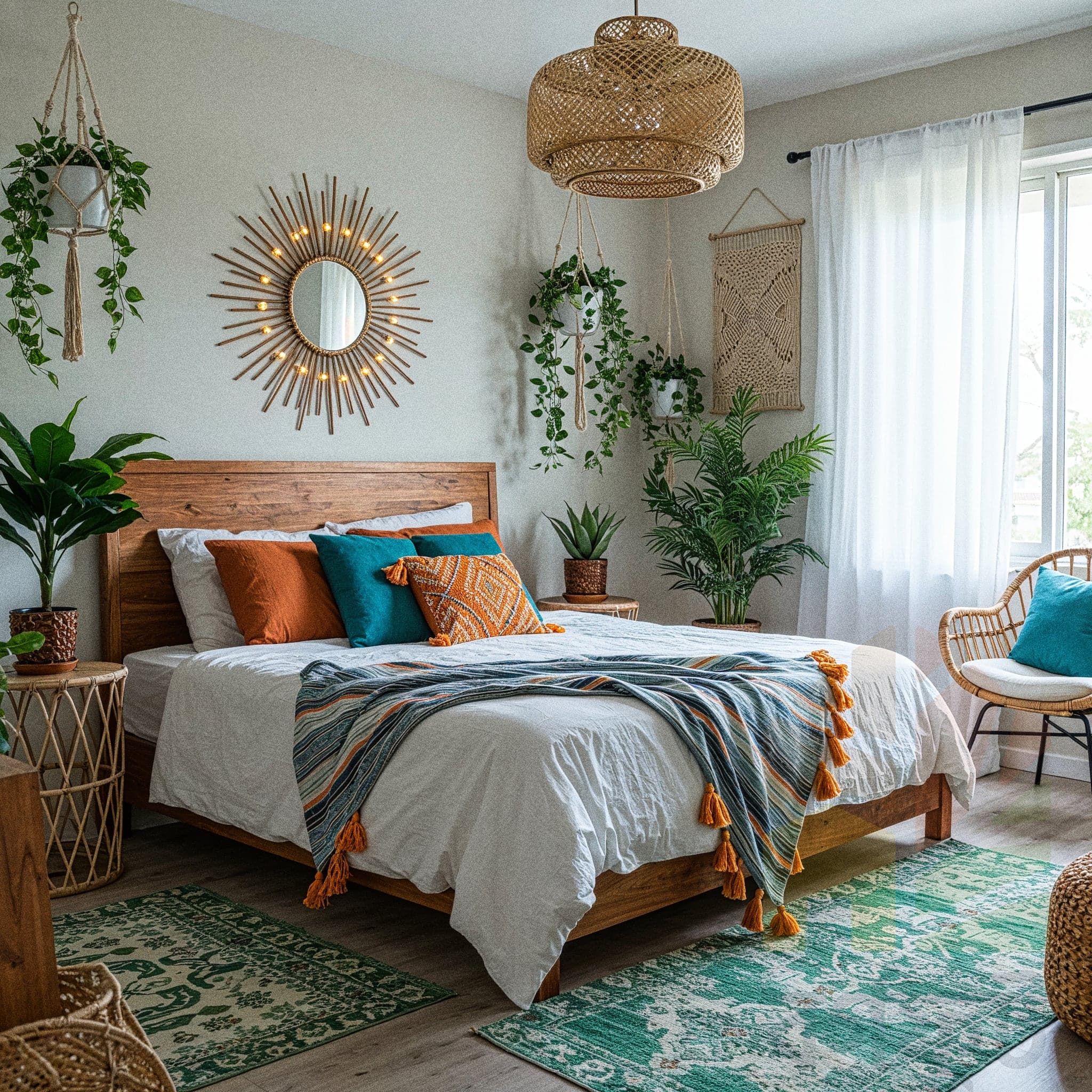 A symmetrical bedroom with a bold terra cotta accent wall. A woven rattan headboard is centered on the wall, with two light wood nightstands on either side, each holding a white ceramic lamp. The bed is made with white linen and an orange-rust colored throw blanket. A gallery wall of framed green leaf prints hangs above the bed. Hanging planters with green vines decorate the corners, and a large, ornate patterned area rug in shades of red, orange, and cream covers the floor.